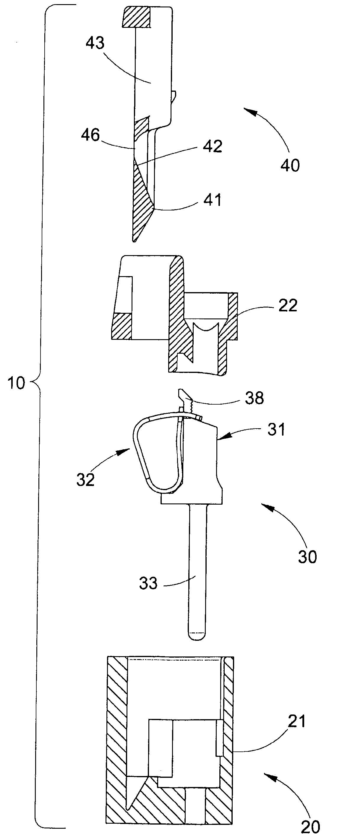 Electrical connecting device with spring connecting element with compact actuator and multi-pole connector comprising a plurality of said spring contacts