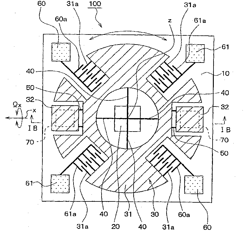 Angular velocity detector having inertial mass oscillating in rotational direction