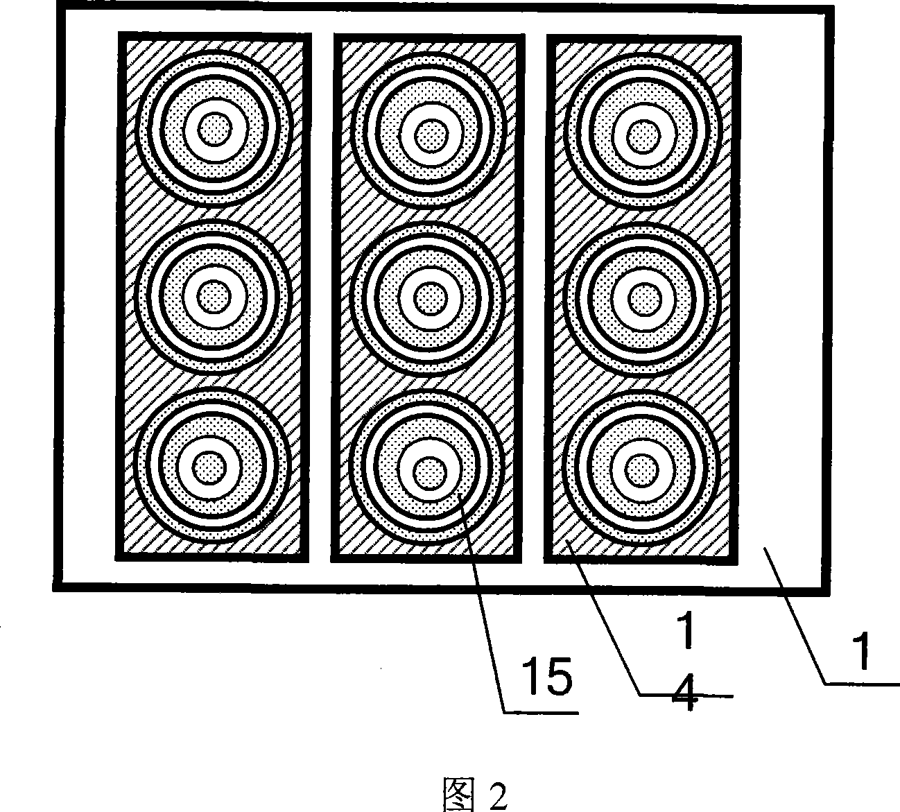 Planar display device with petal-shaped lower-grid controlled cathode structure and its production