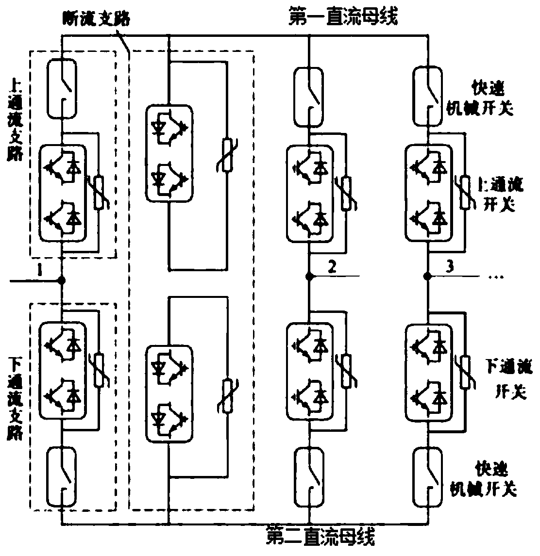 Intensive bridge type multi-port hybrid direct current circuit breaker and control method