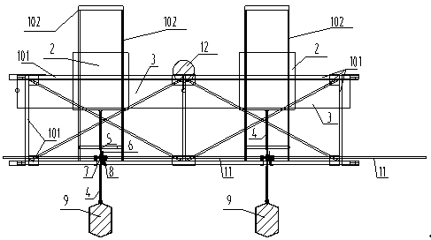 Floating body weight-hanging-type water wave energy harvesting equipment with semi-submerged floating platforms of net rack structures