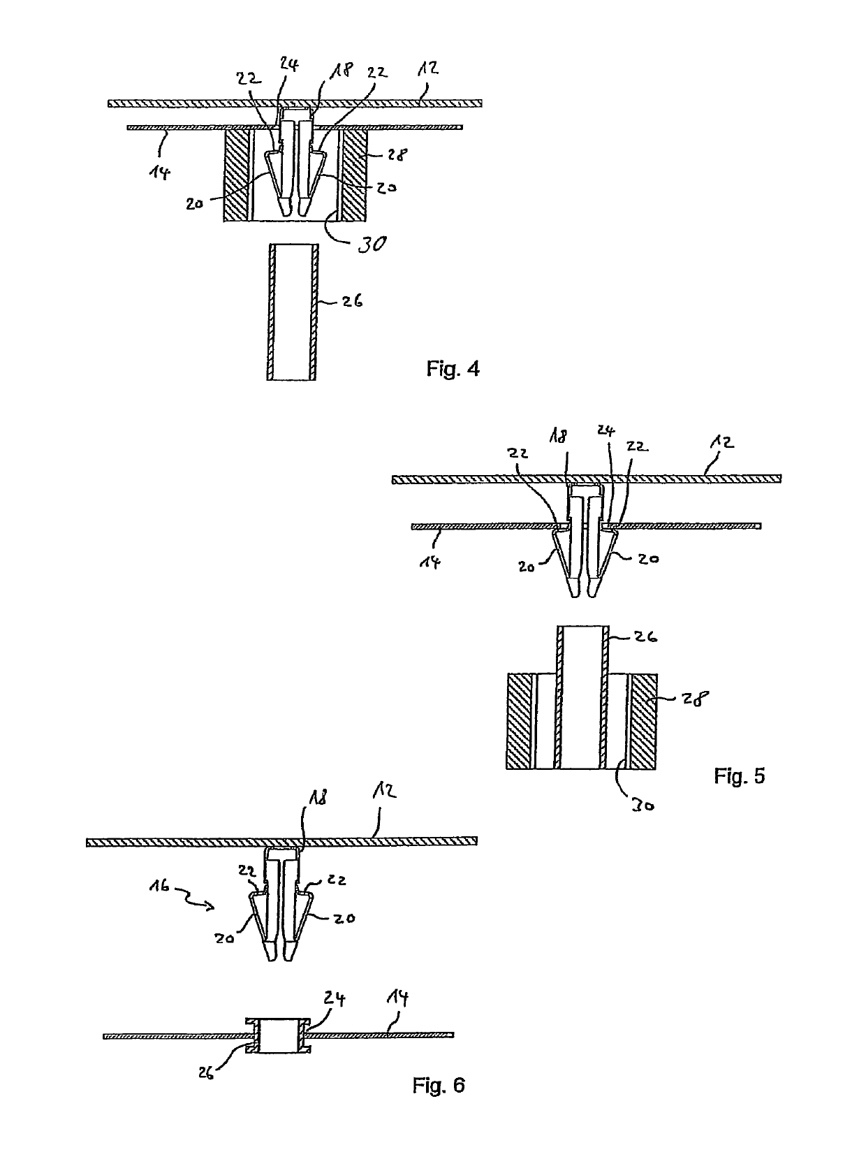 Device and method for fastening a component comprising at least one opening on a carrier part