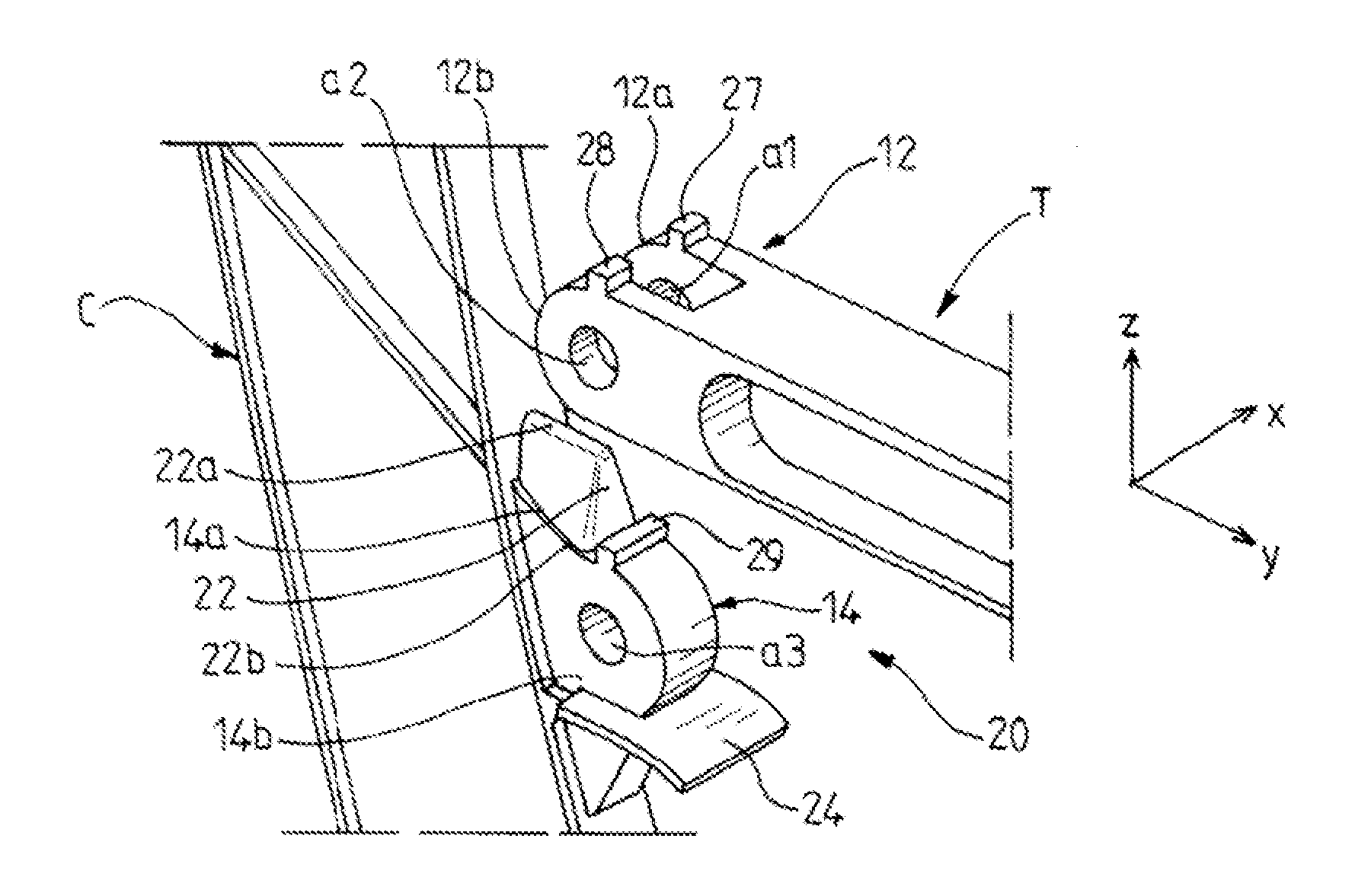 Device positioning two aircraft pieces relative to one another, such as a crossbeam and a fuselage frame