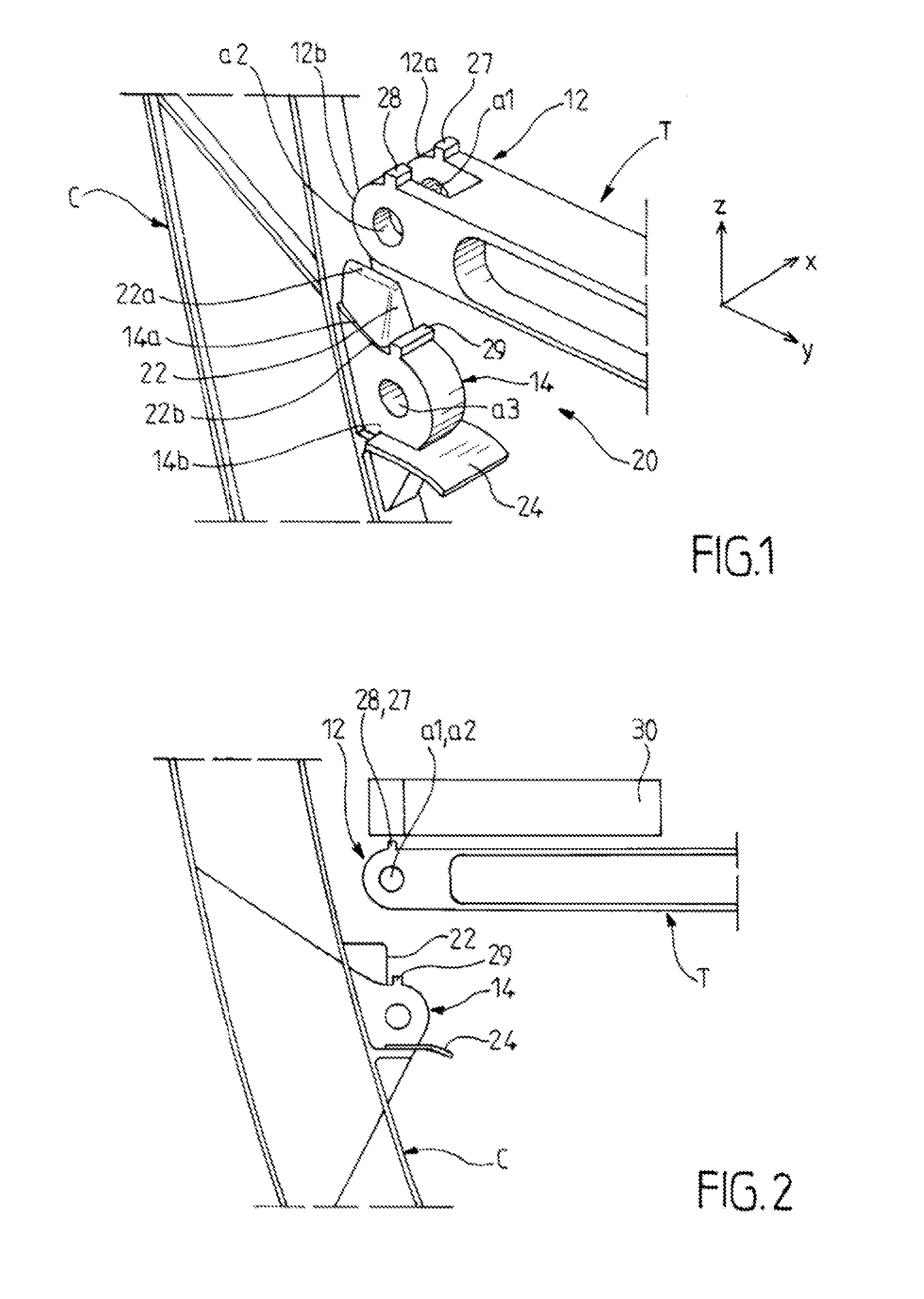 Device positioning two aircraft pieces relative to one another, such as a crossbeam and a fuselage frame