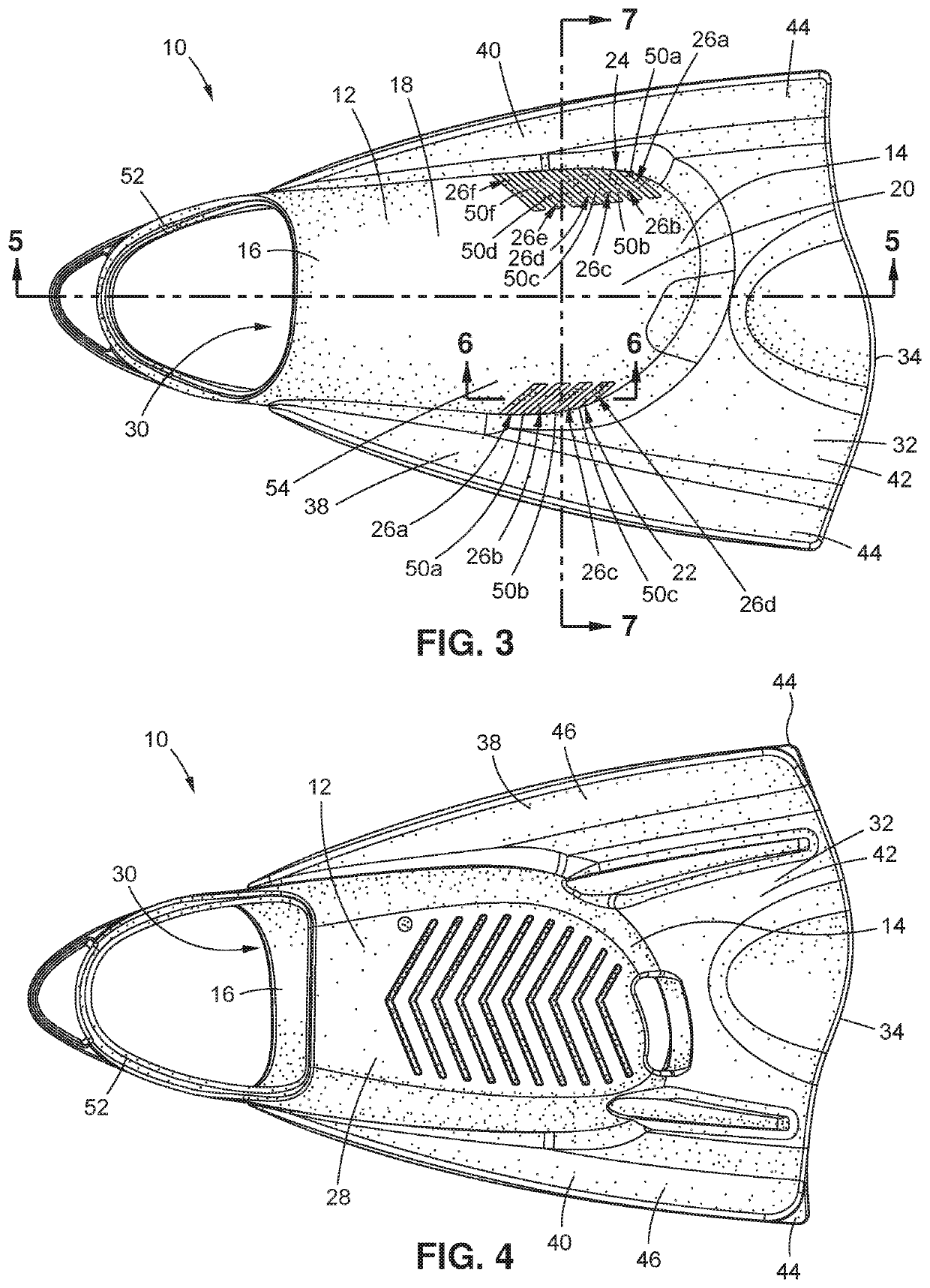 Swim fin with an upper portion having debossed regions and triple-bladed rails