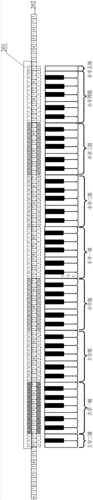 Scrolling display device for pitch and syllable names matched along with musical mode