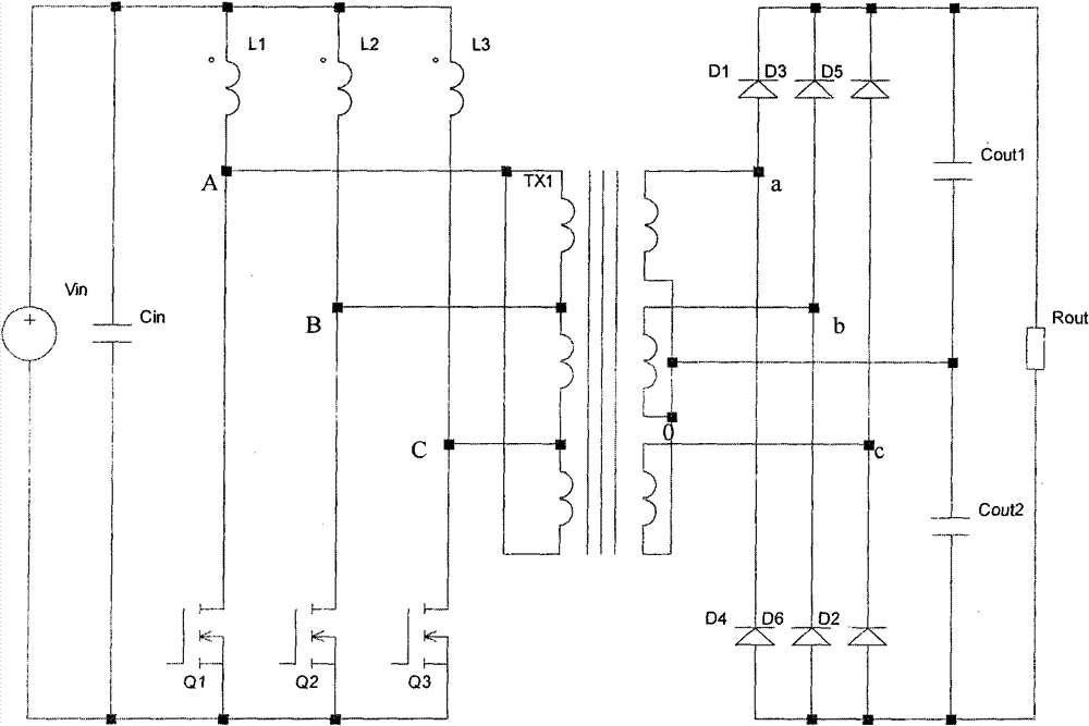 Current feed three-inductor boost converter of high frequency transformer connected in delta/Y shape