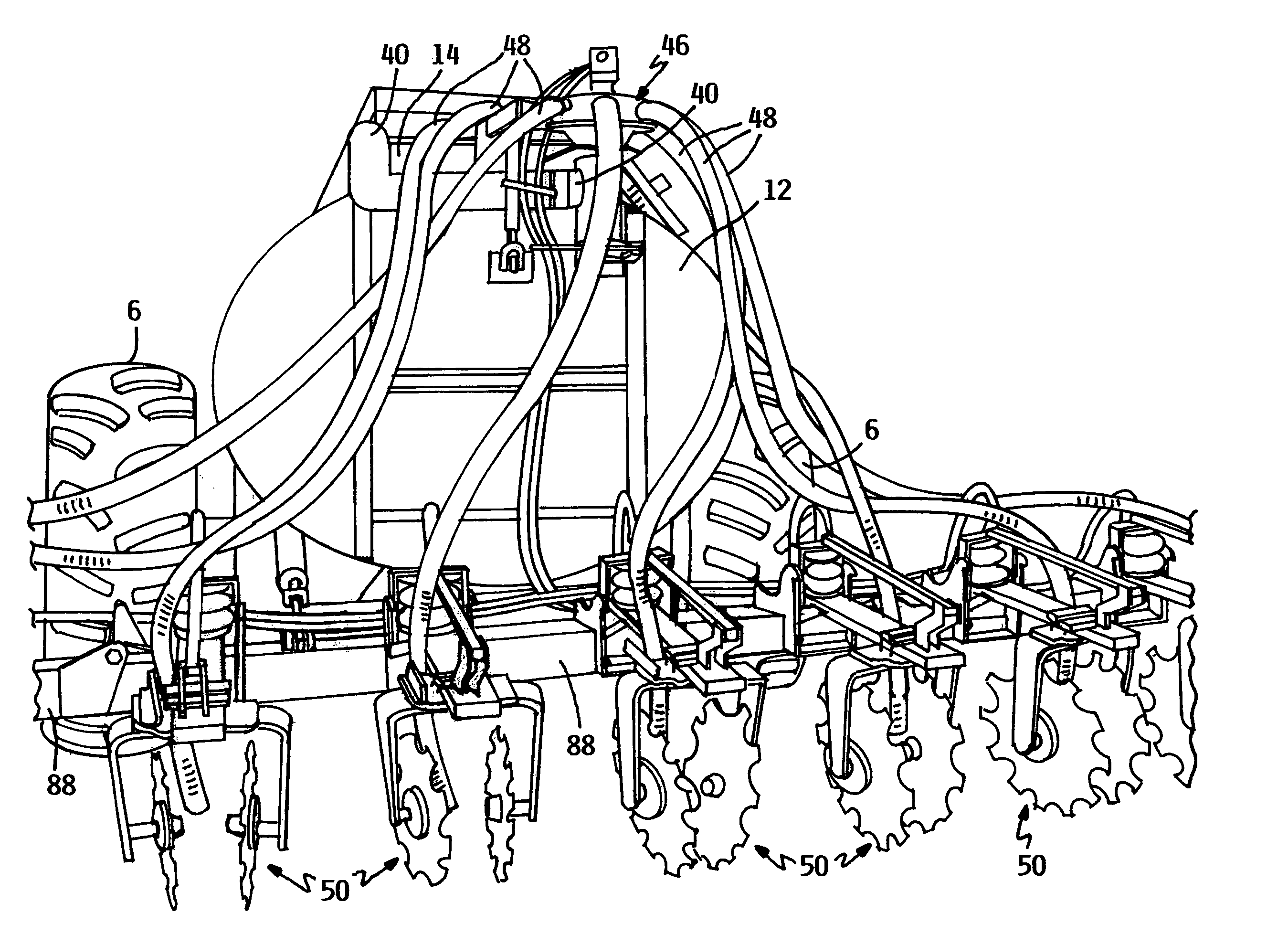 Liquid manure applicator, method, and tool with bellows type downforce system