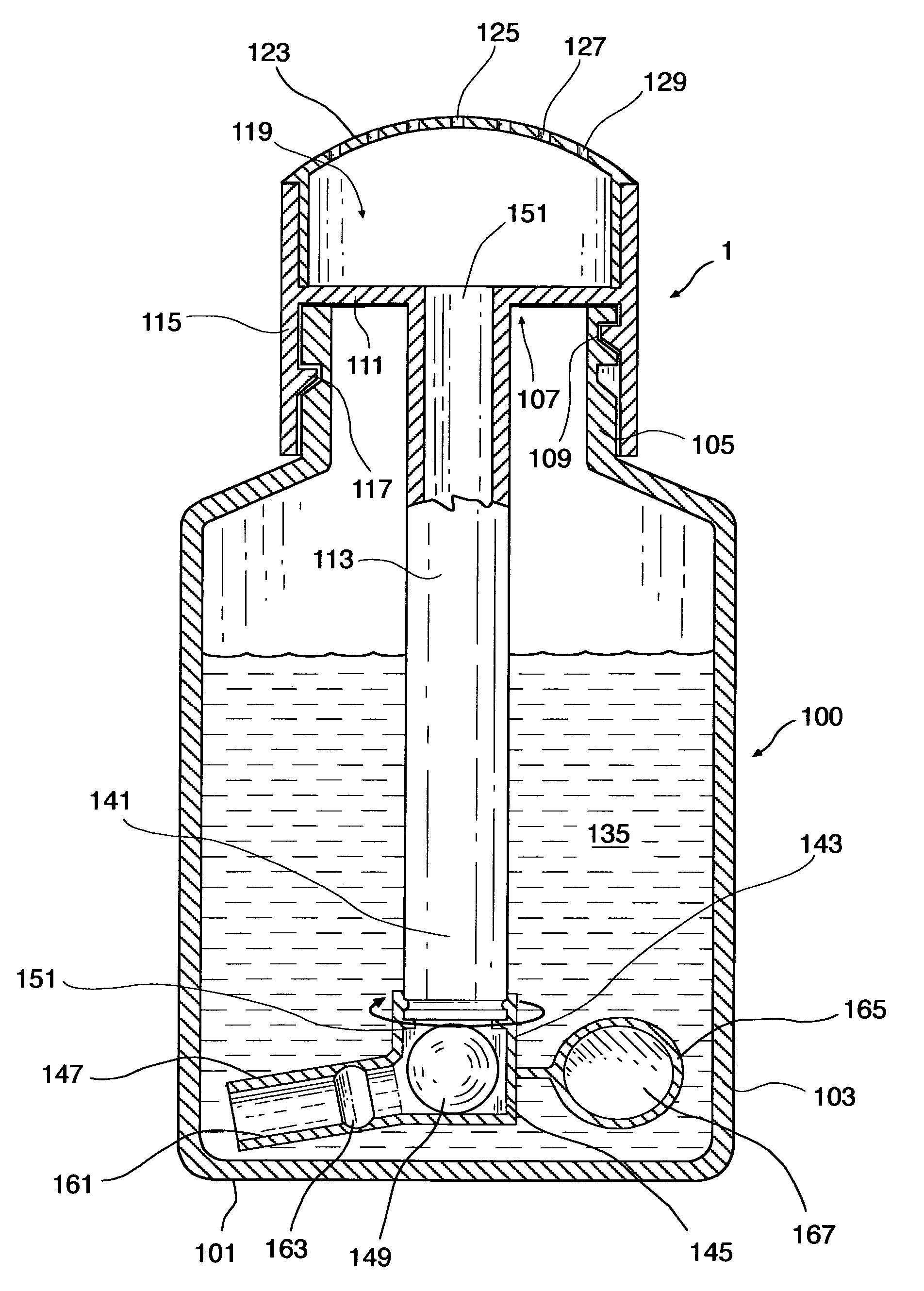Metered dose squeeze dispenser having a dip tube with a rotatable leg