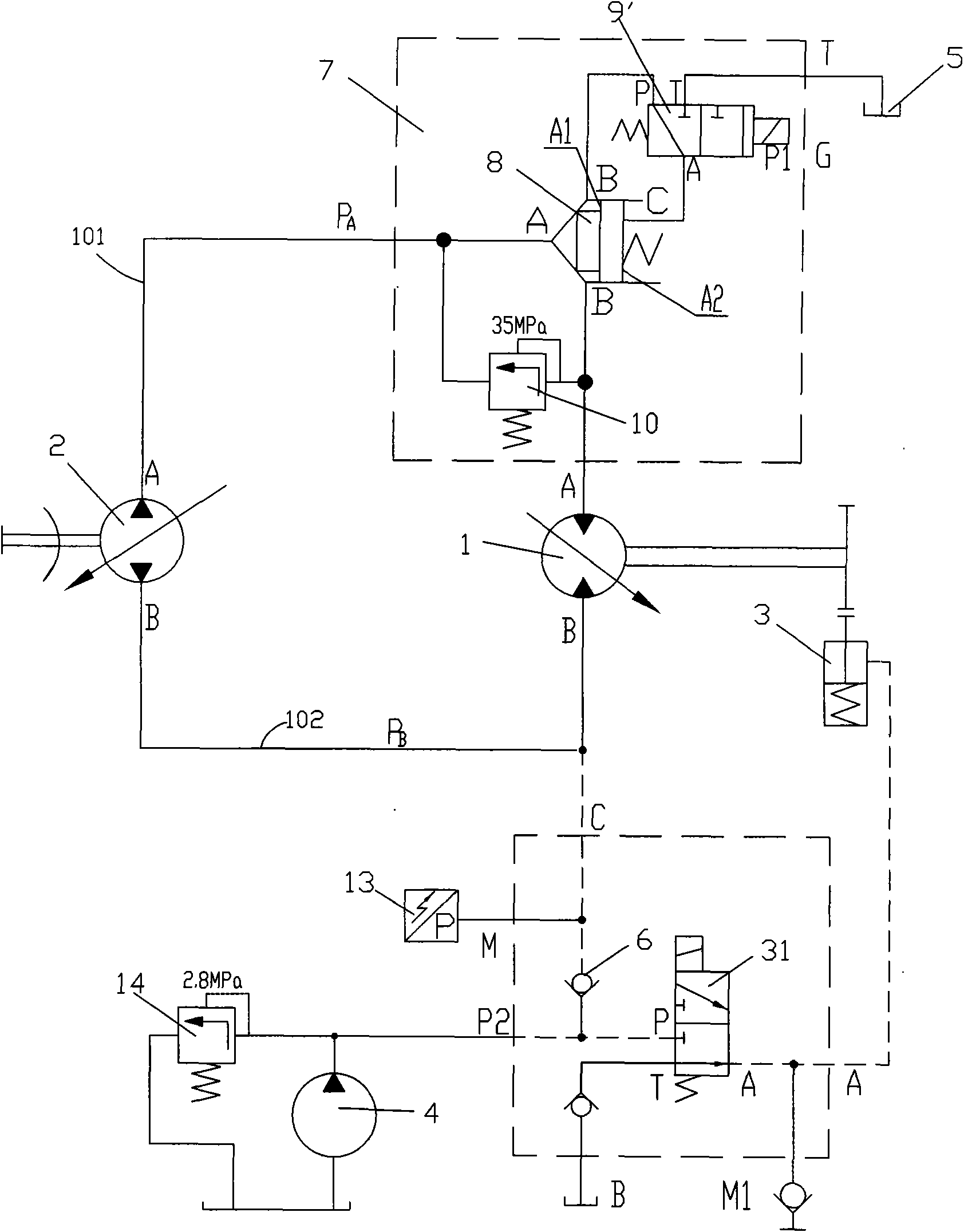 Hoist motor closed type hydraulic system for preventing pipelines from bursting and control method thereof