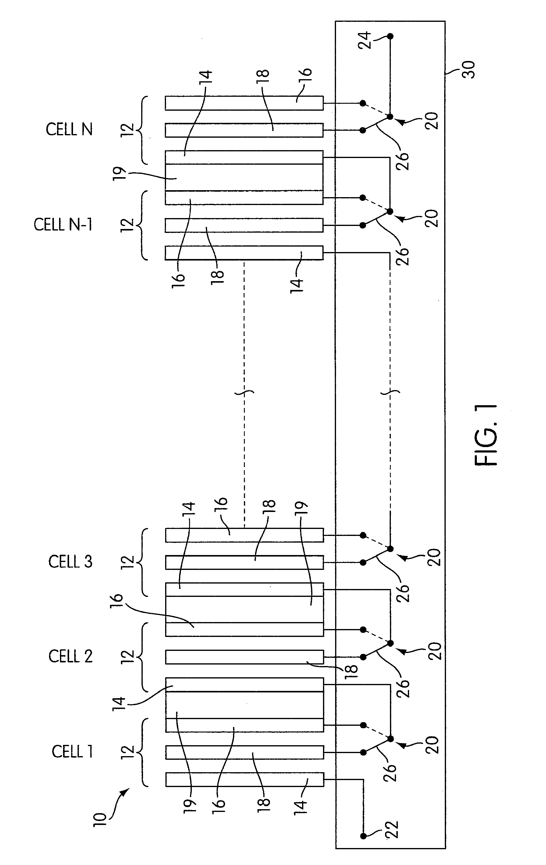 Rechargeable electrochemical cell system with a charging electrode charge/discharge mode switching in the cells
