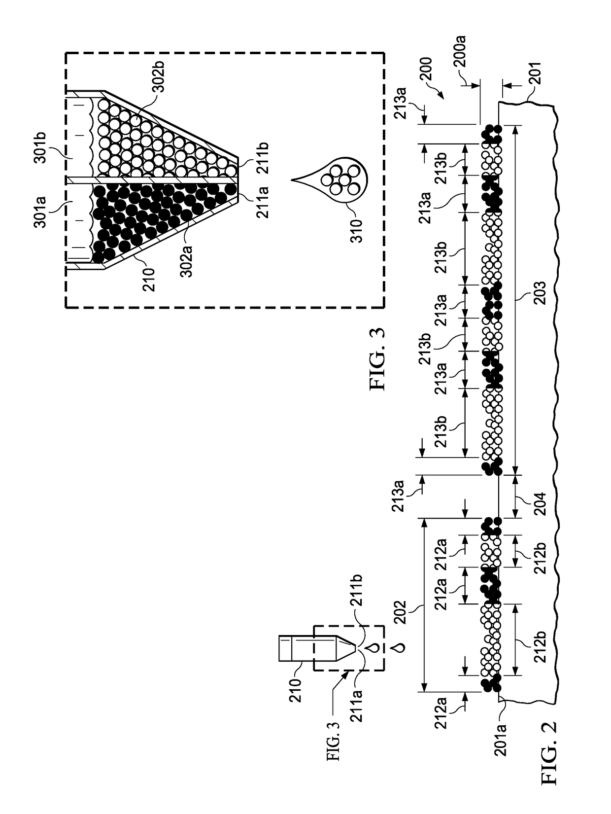 Packaged semiconductor device having patterned conductance dual-material nanoparticle adhesion layer