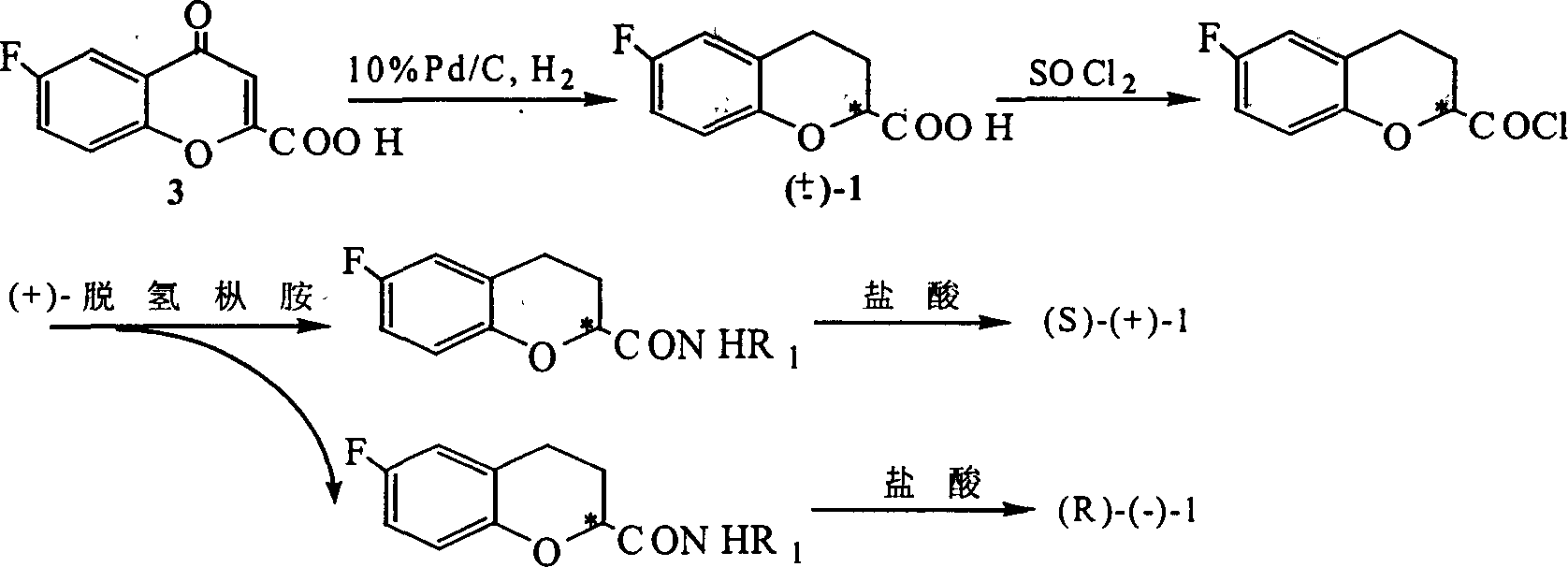 Method for synthesizing optical enantiomer 6-fluoro-3,4-dihydro-2H-1-benzopyran-2-carboxylic acid and 6-fluoro-3,4-dihydro-2H-1-benzopyran-2-carboxylate