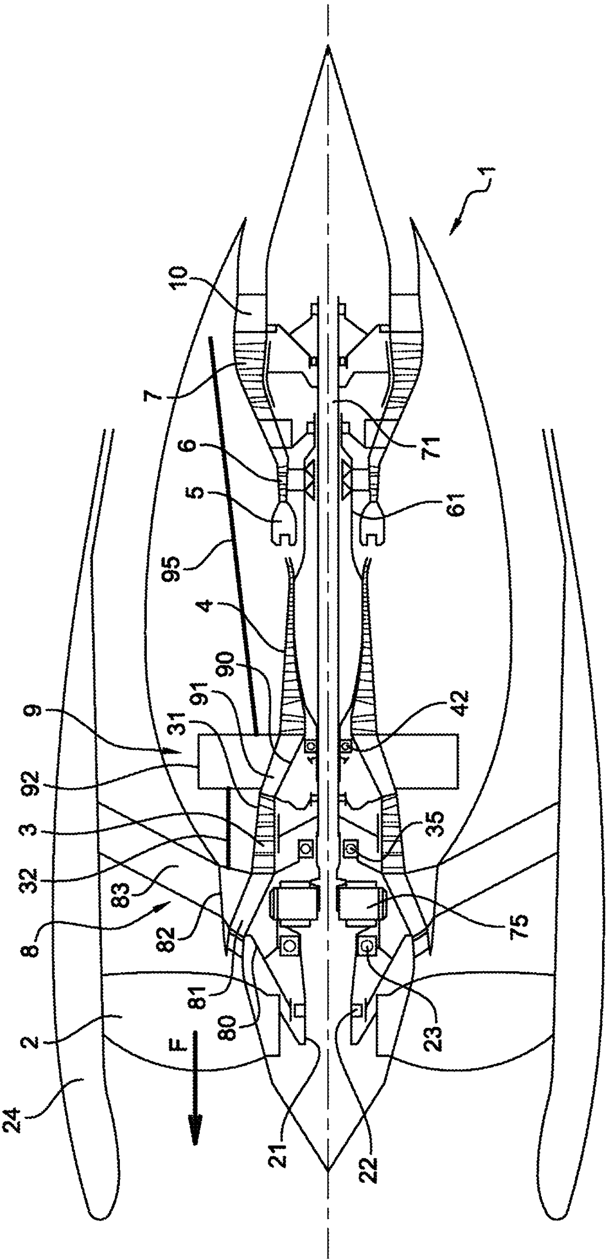 Turbojet engine with thrust take-up means on the inter-compressor case