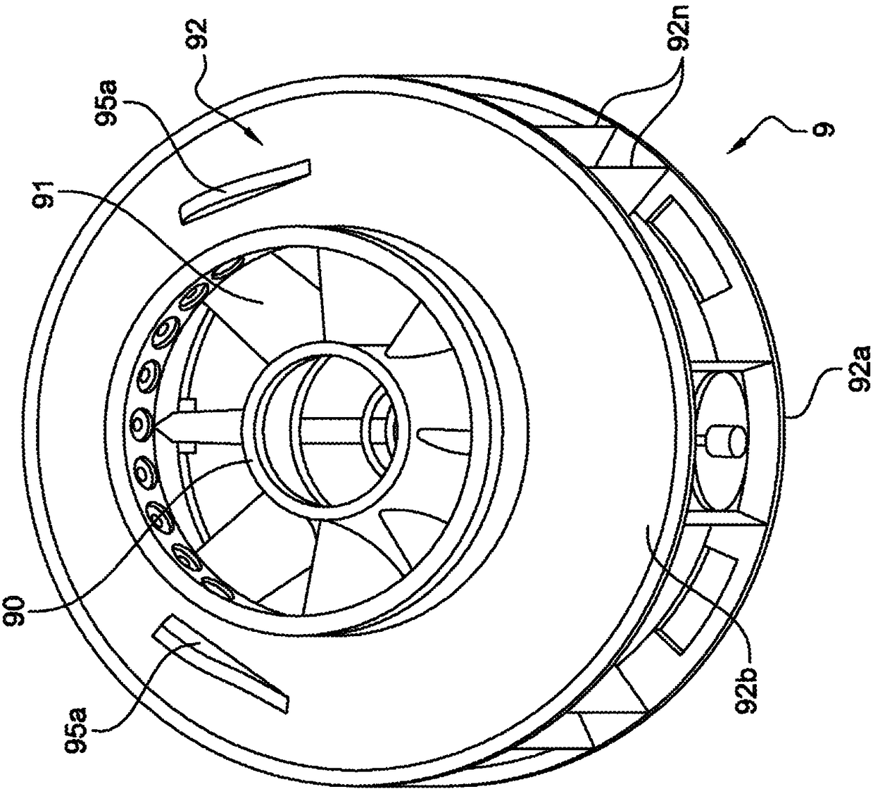 Turbojet engine with thrust take-up means on the inter-compressor case