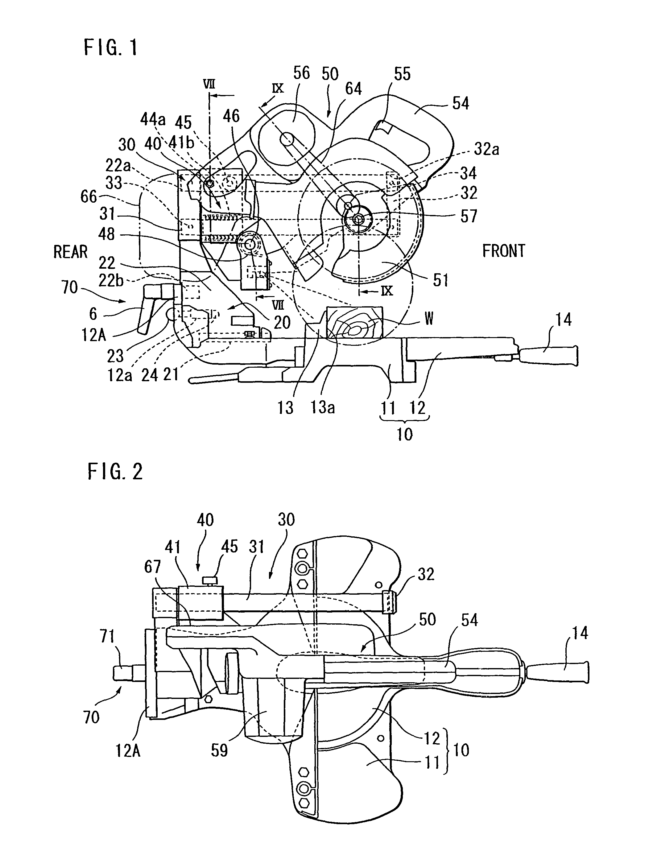 Miter saw having circular saw blade section pivotally movable upward and downward and tiltable leftward and rightward