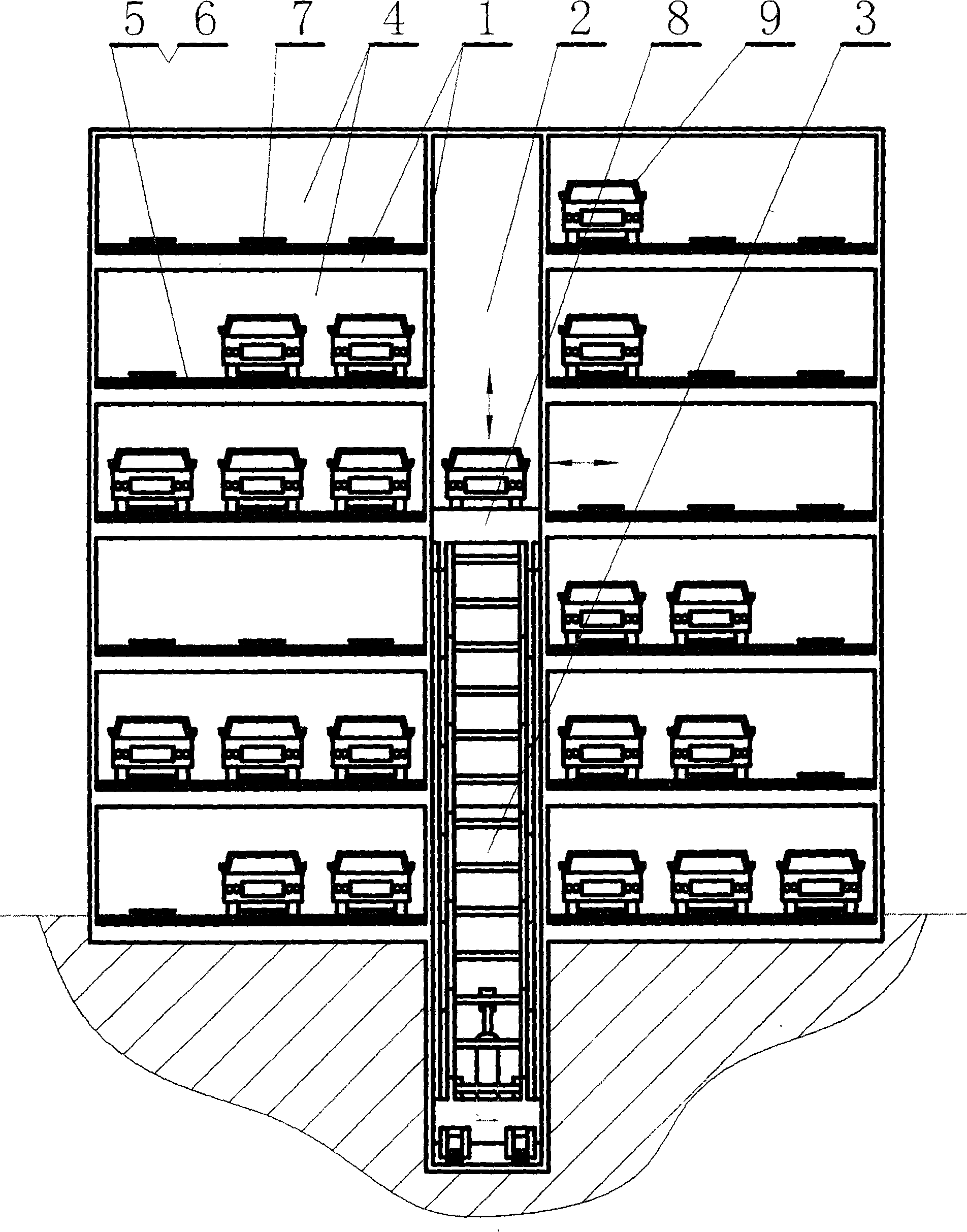 Raceway abreast storing type parking equipment using shears-fork type buck stacker