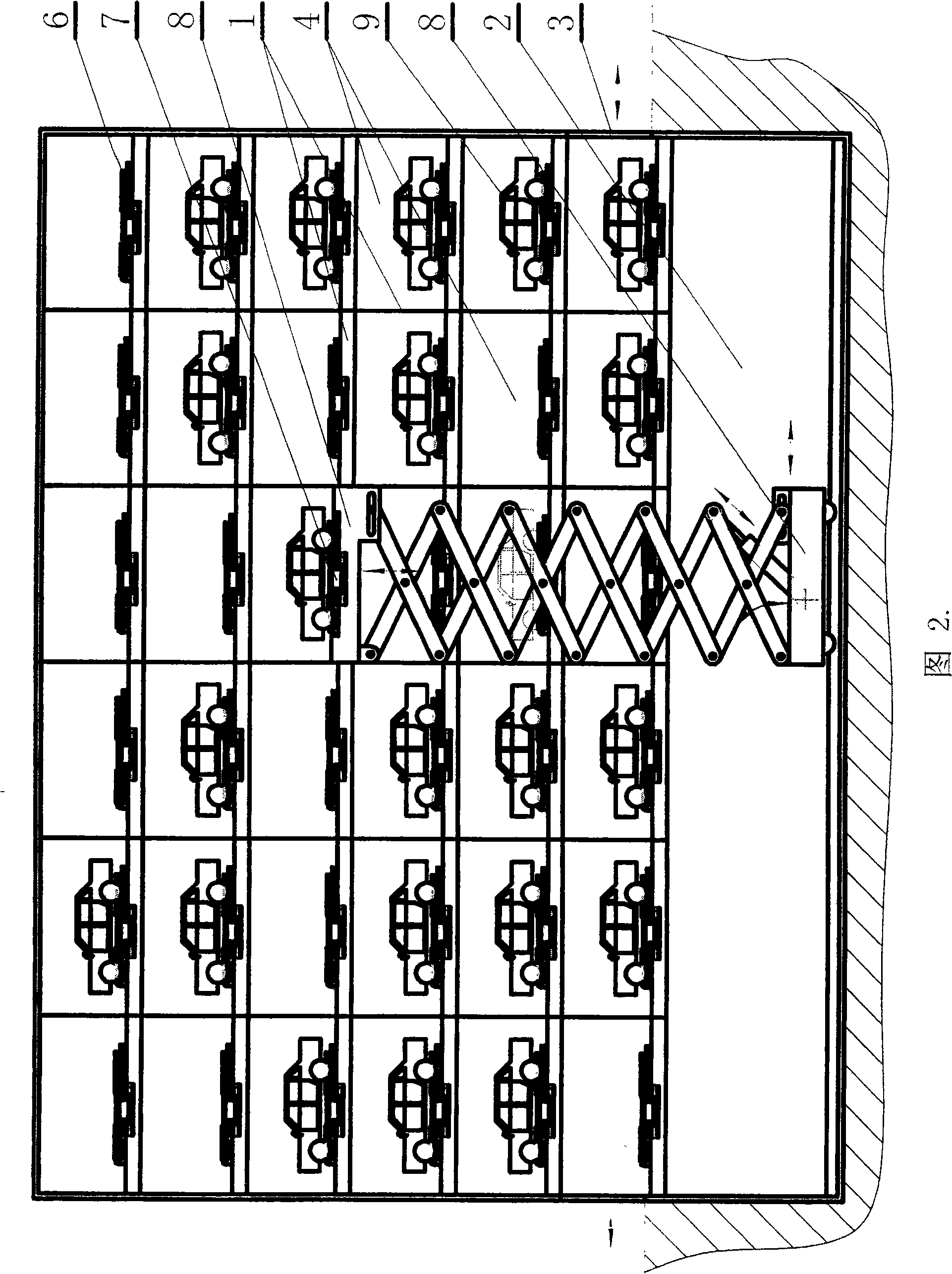 Raceway abreast storing type parking equipment using shears-fork type buck stacker