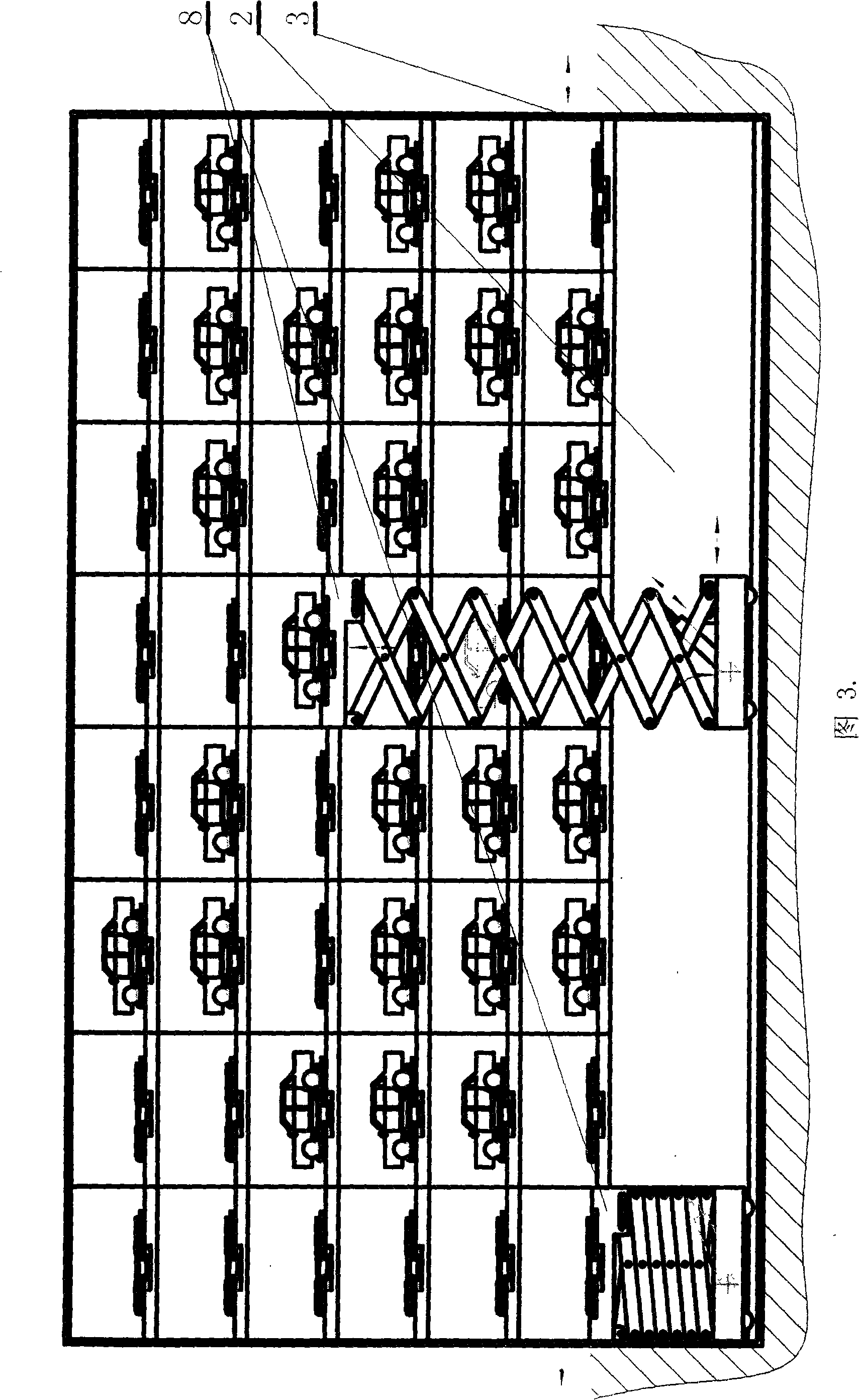 Raceway abreast storing type parking equipment using shears-fork type buck stacker