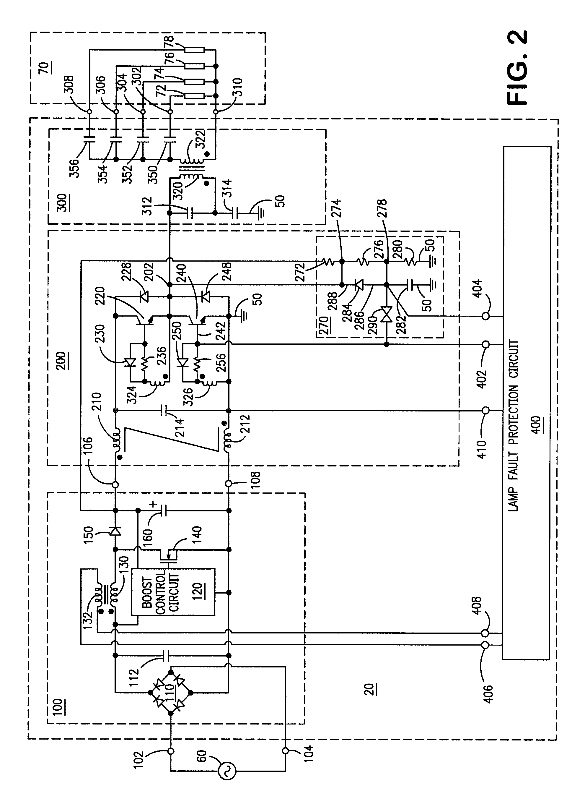 Ballast with frequency-diagnostic lamp fault protection circuit