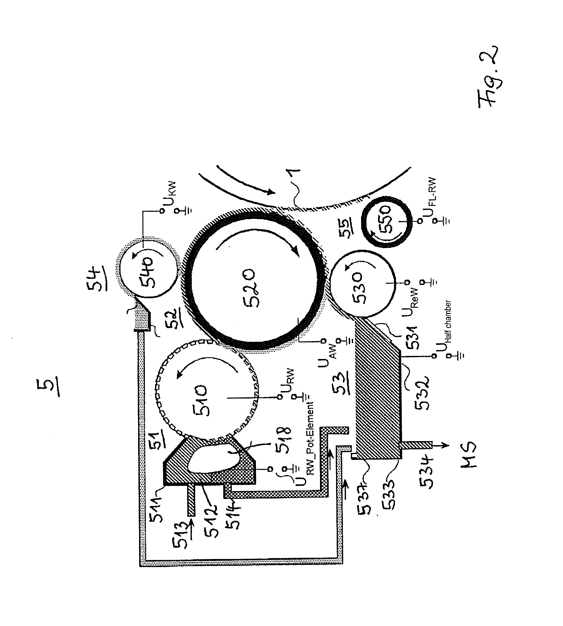 Device and method to develop potential images generated on an intermediate image carrier in an electrographic printing or copying device