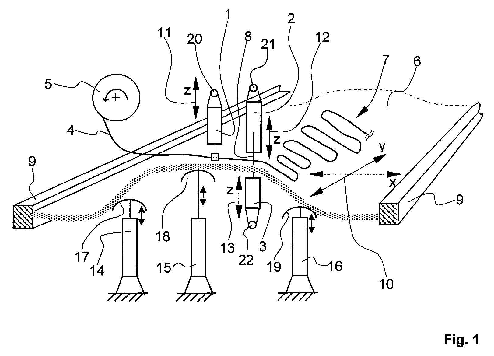 Device for producing a fiber preform with virtually any desired surface geometry by the TFP process