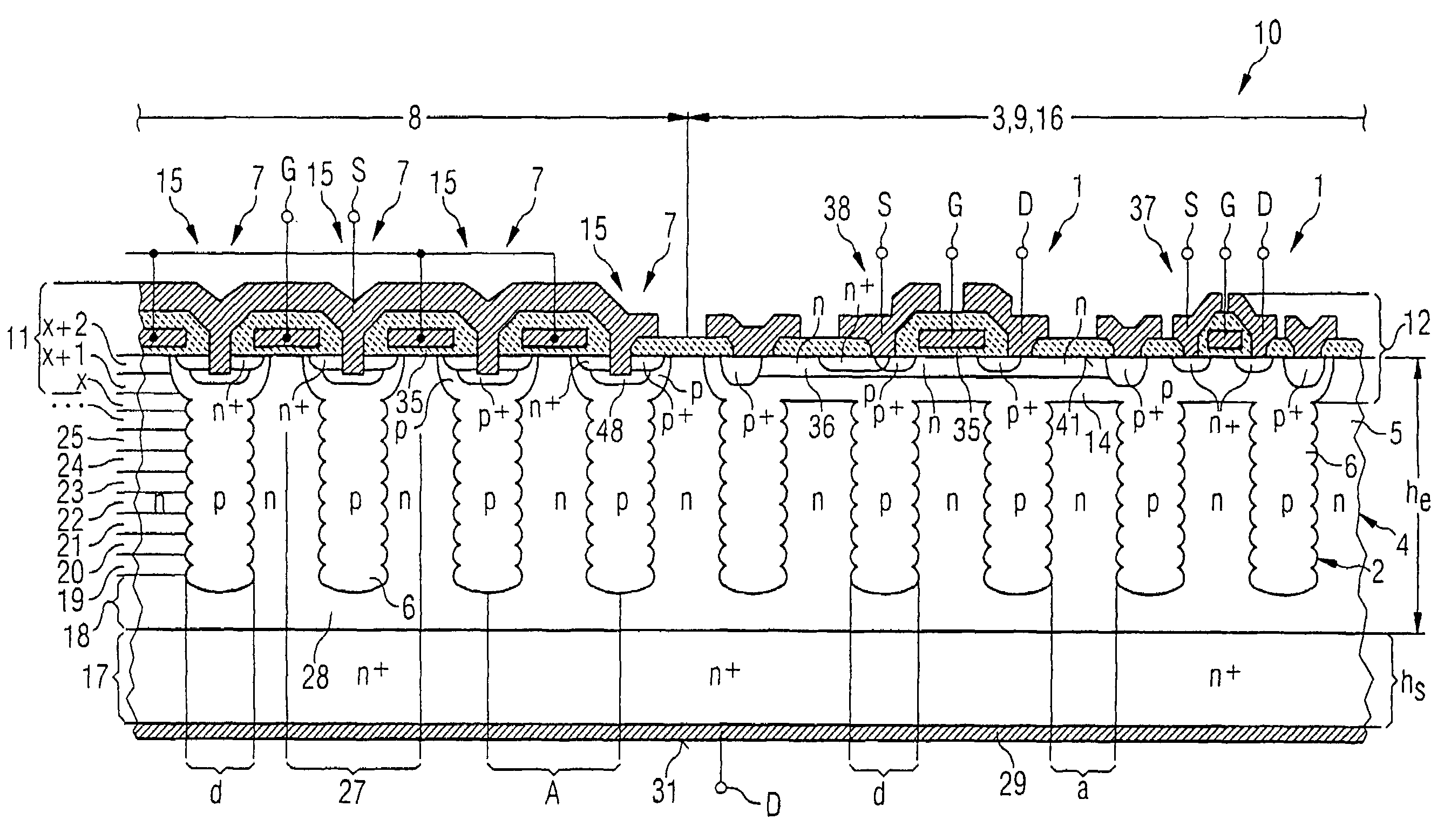 Semiconductor power device with charge compensation structure and monolithic integrated circuit, and method for fabricating it