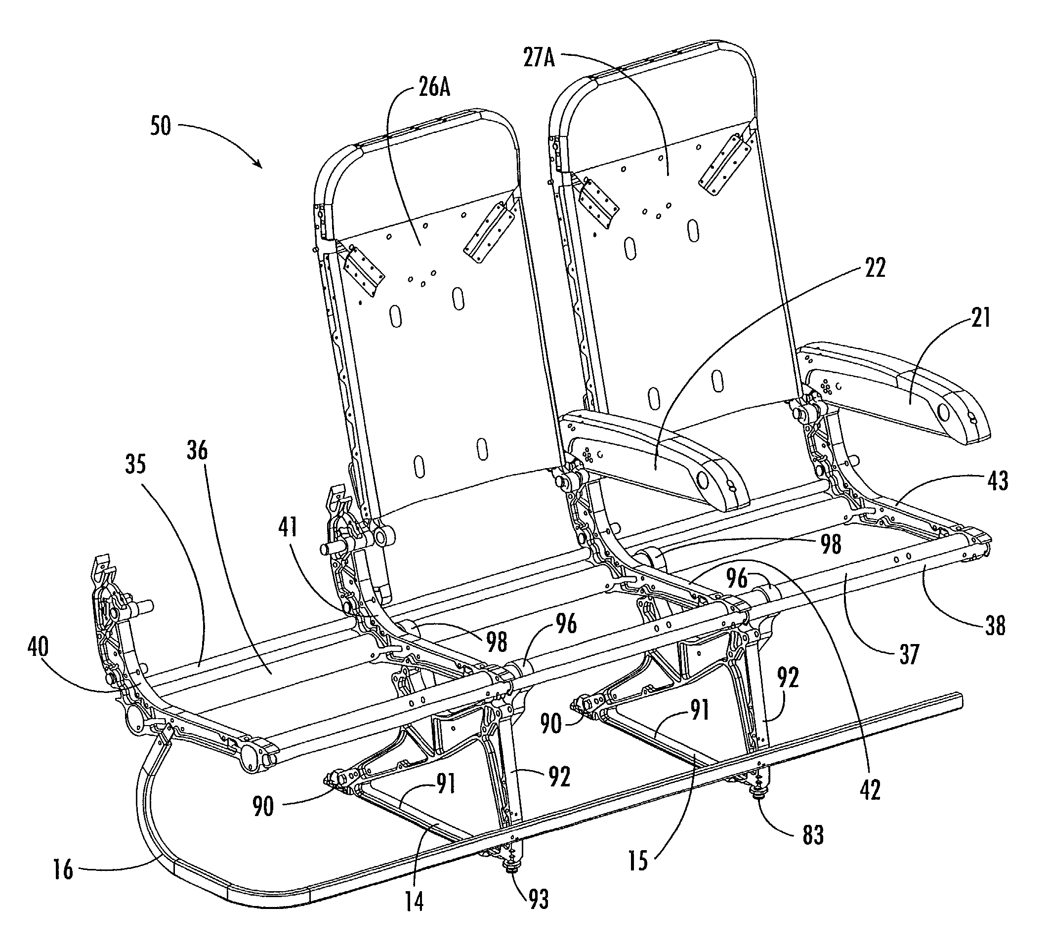 Aircraft passenger seat frame construction