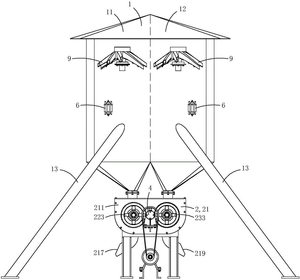 Self-unloading twin granary with more uniform grain distribution