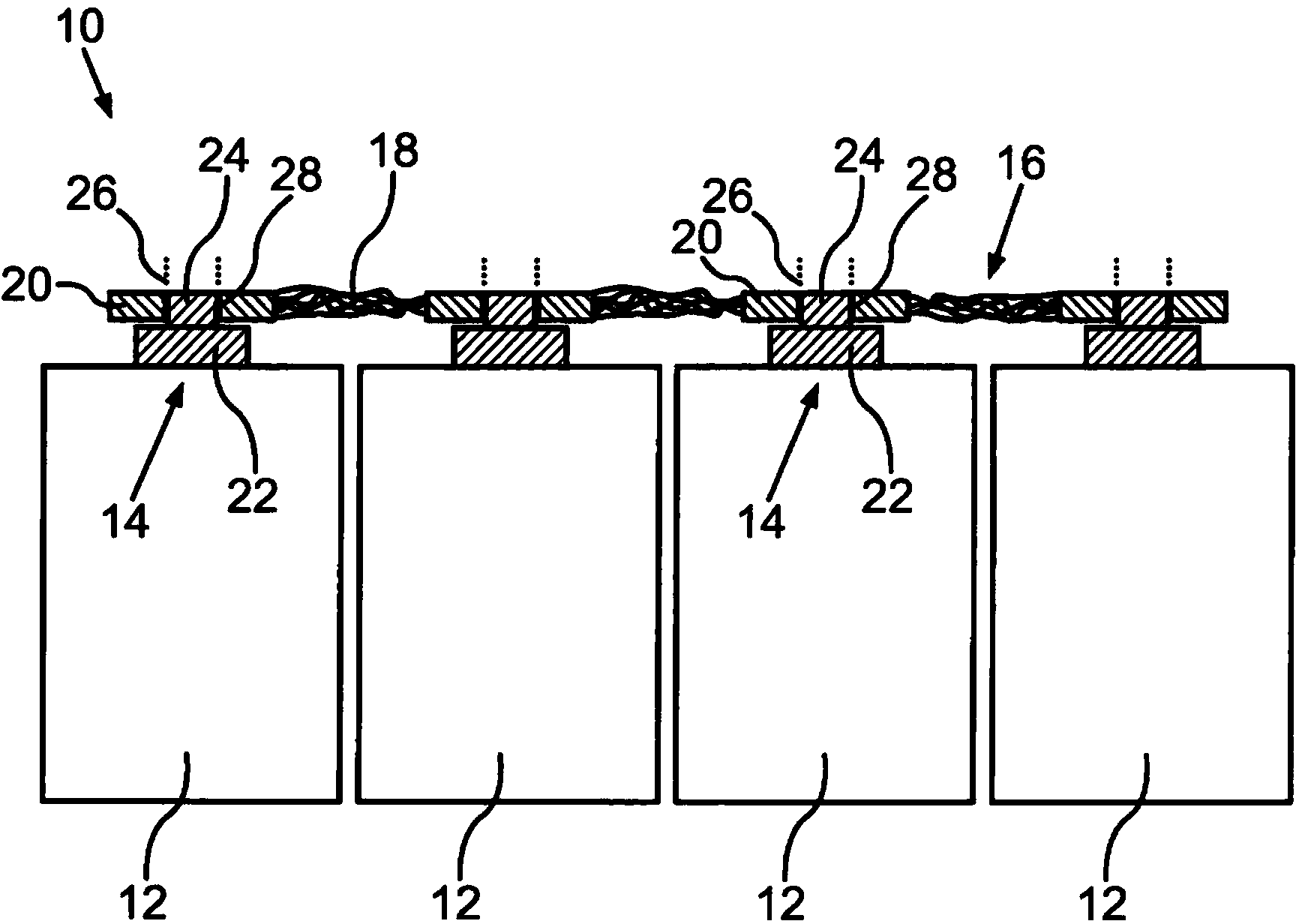 Battery having a connecting element comprising multiple individual wires