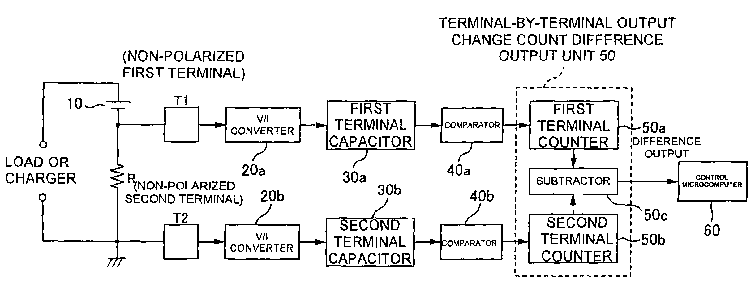 Battery charge/discharge monitoring circuit and method