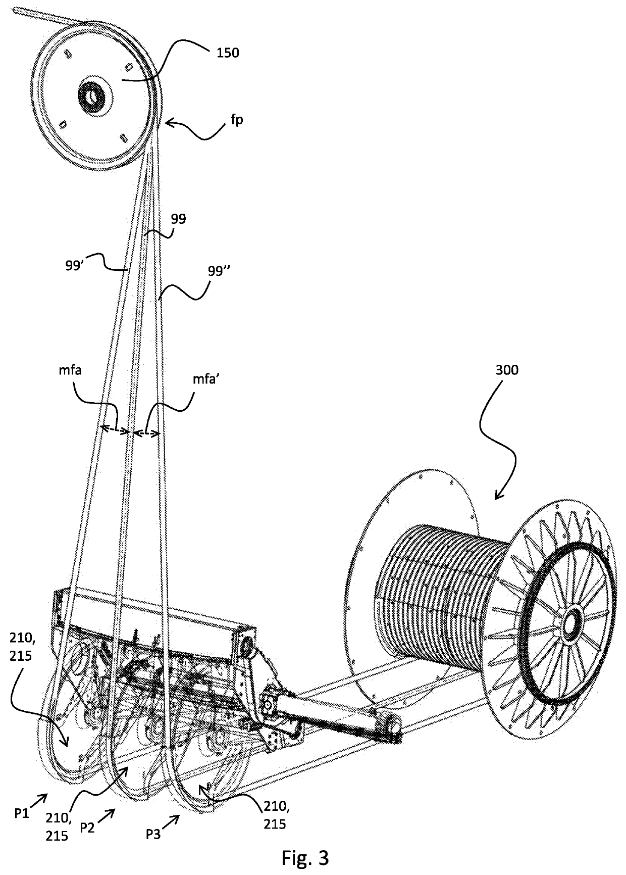 In-line spooling device for compensating fleet angle