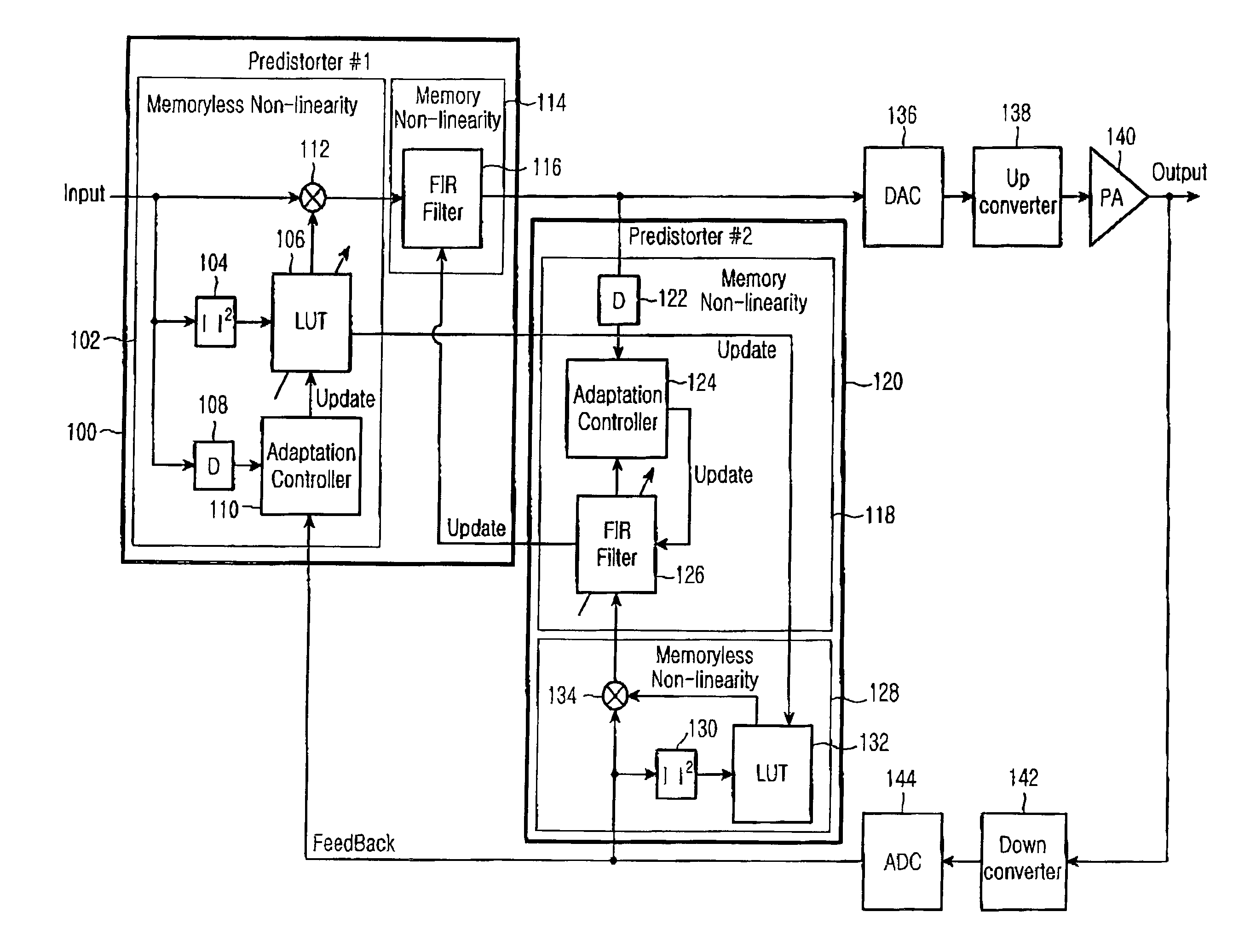 Digital predistorter for a wideband power amplifier and adaptation method