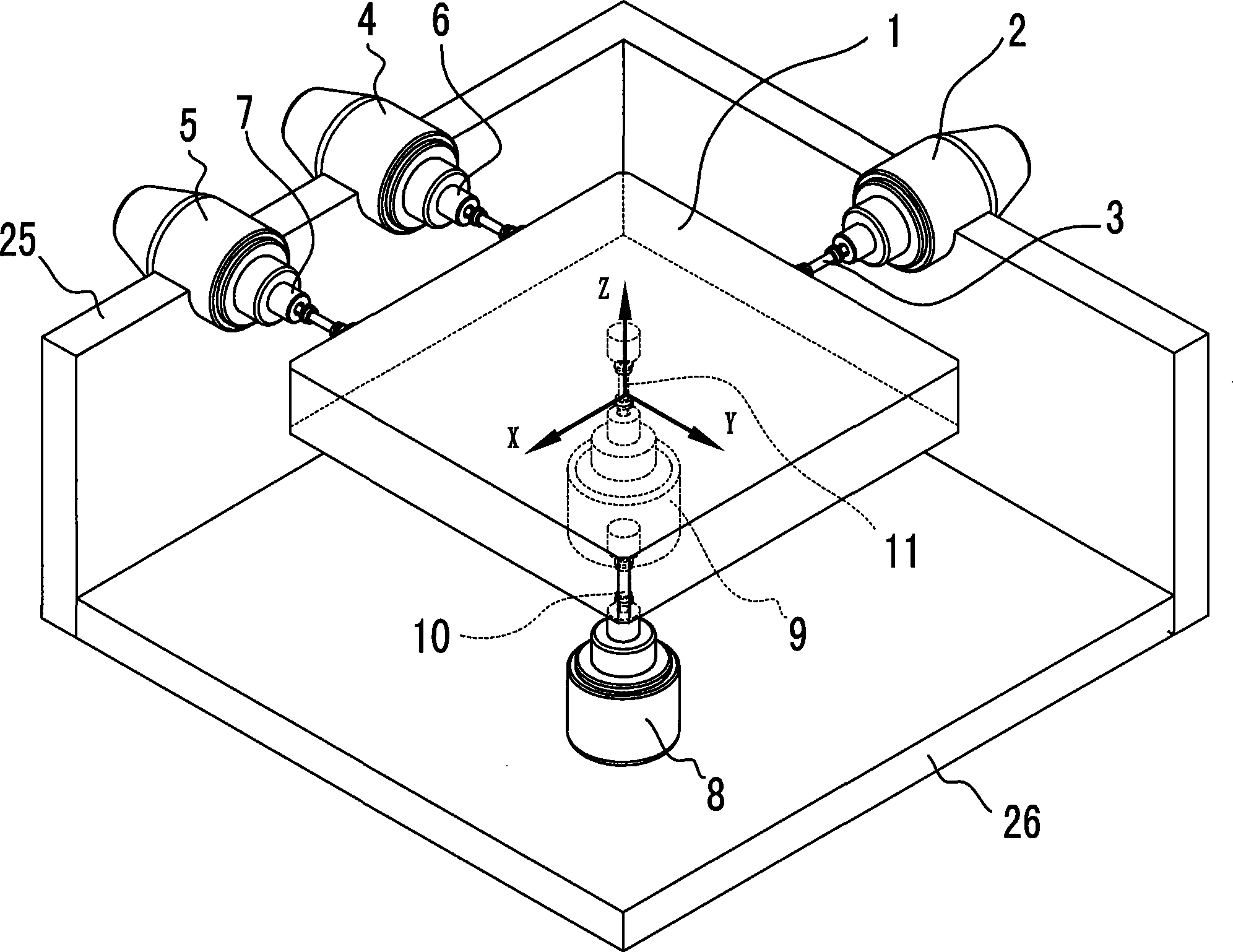 Three-axis six-freedom degree vibration test apparatus