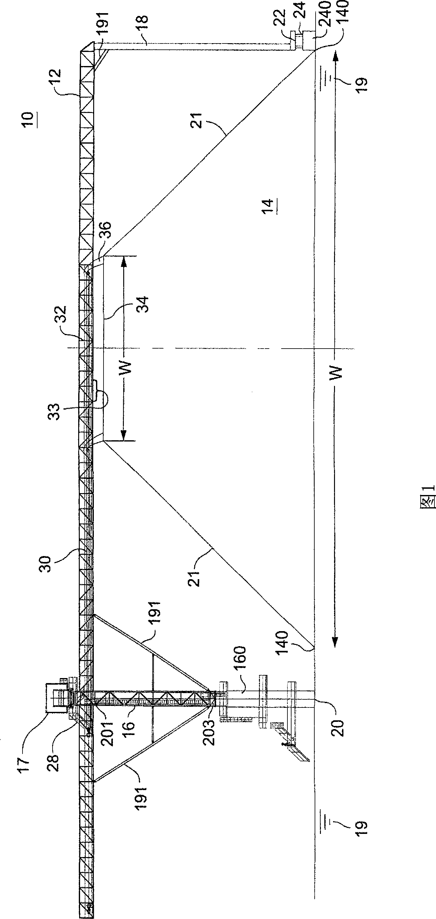 Chip stacker having outer support for truss and method for turning truss with the support