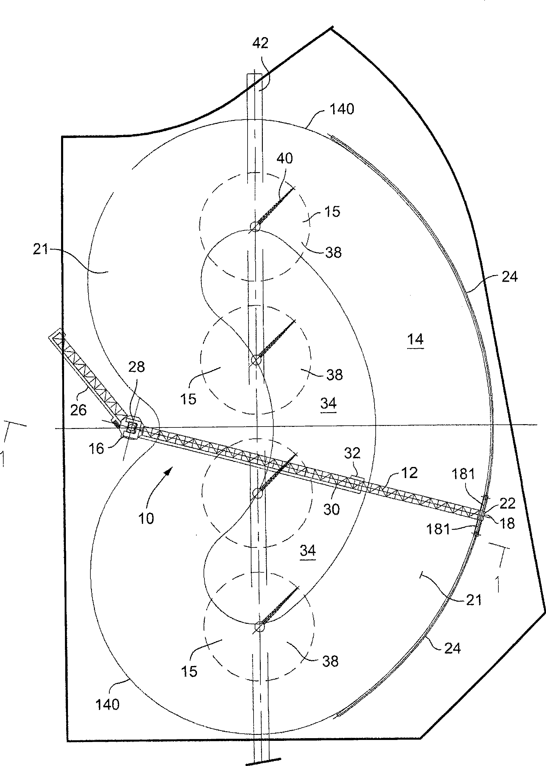 Chip stacker having outer support for truss and method for turning truss with the support