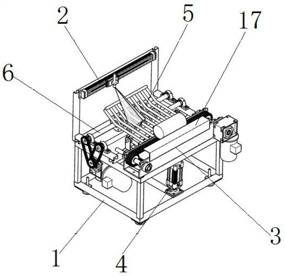 Conveying, overturning and skin removing device for shafts