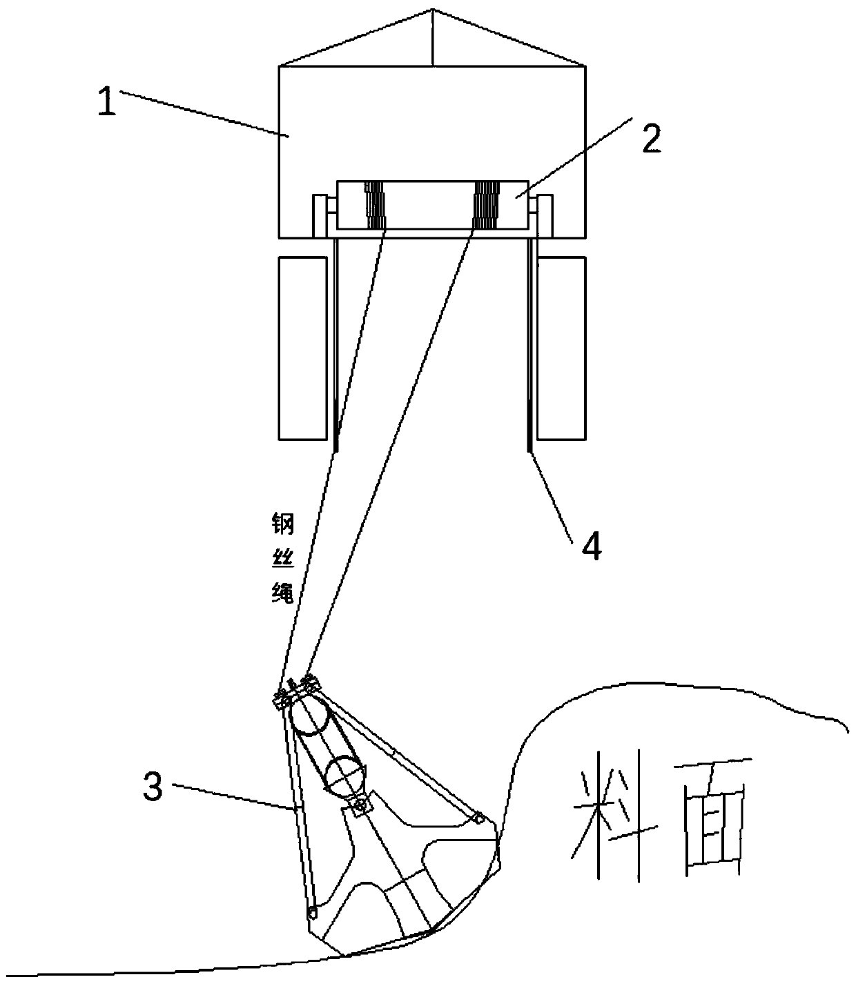 Unmanned grab bucket travelling crane steel wire rope deviation rectifying device