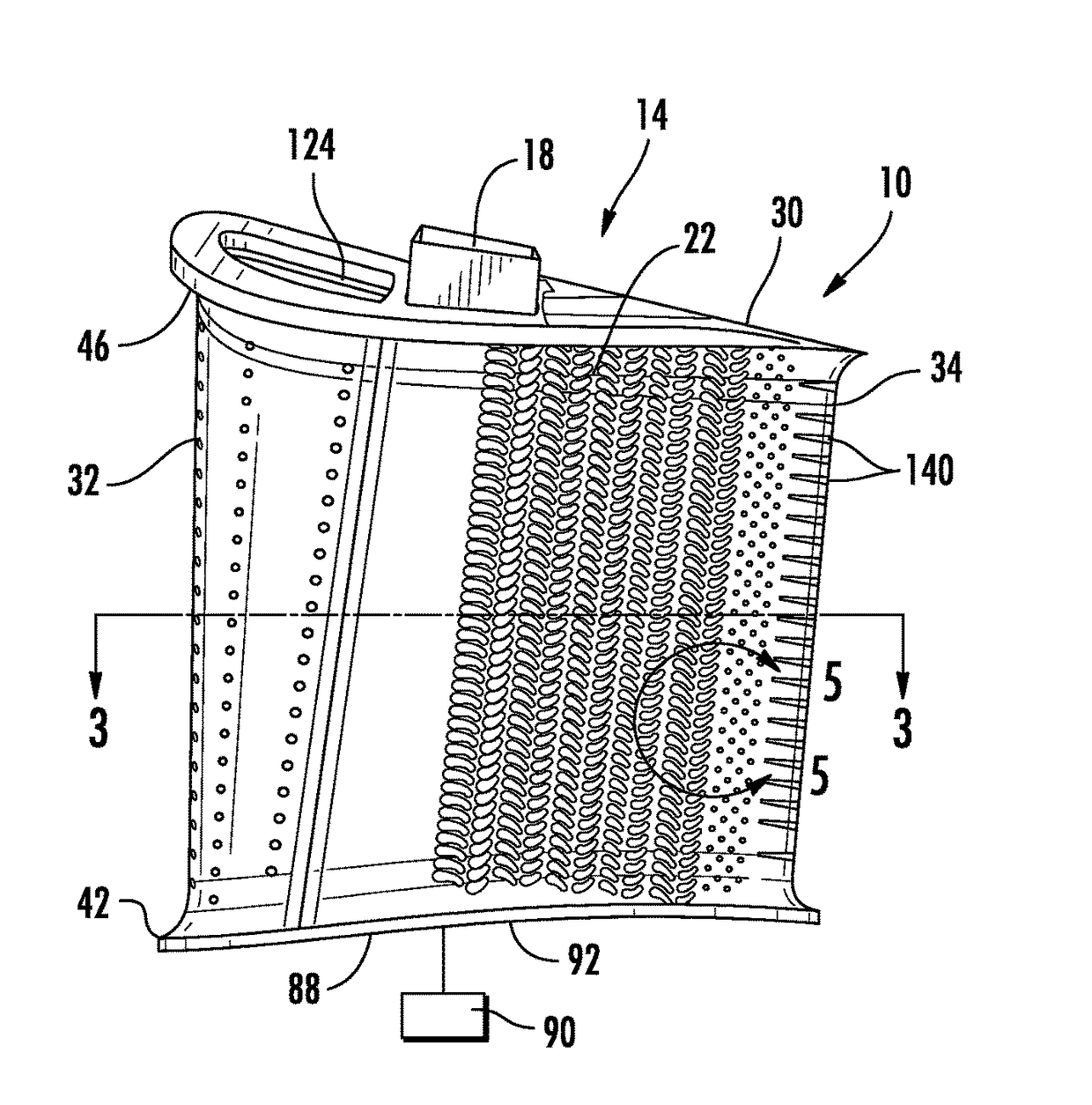 Internal cooling system with insert forming nearwall cooling channels in an aft cooling cavity of an airfoil usable in a gas turbine engine
