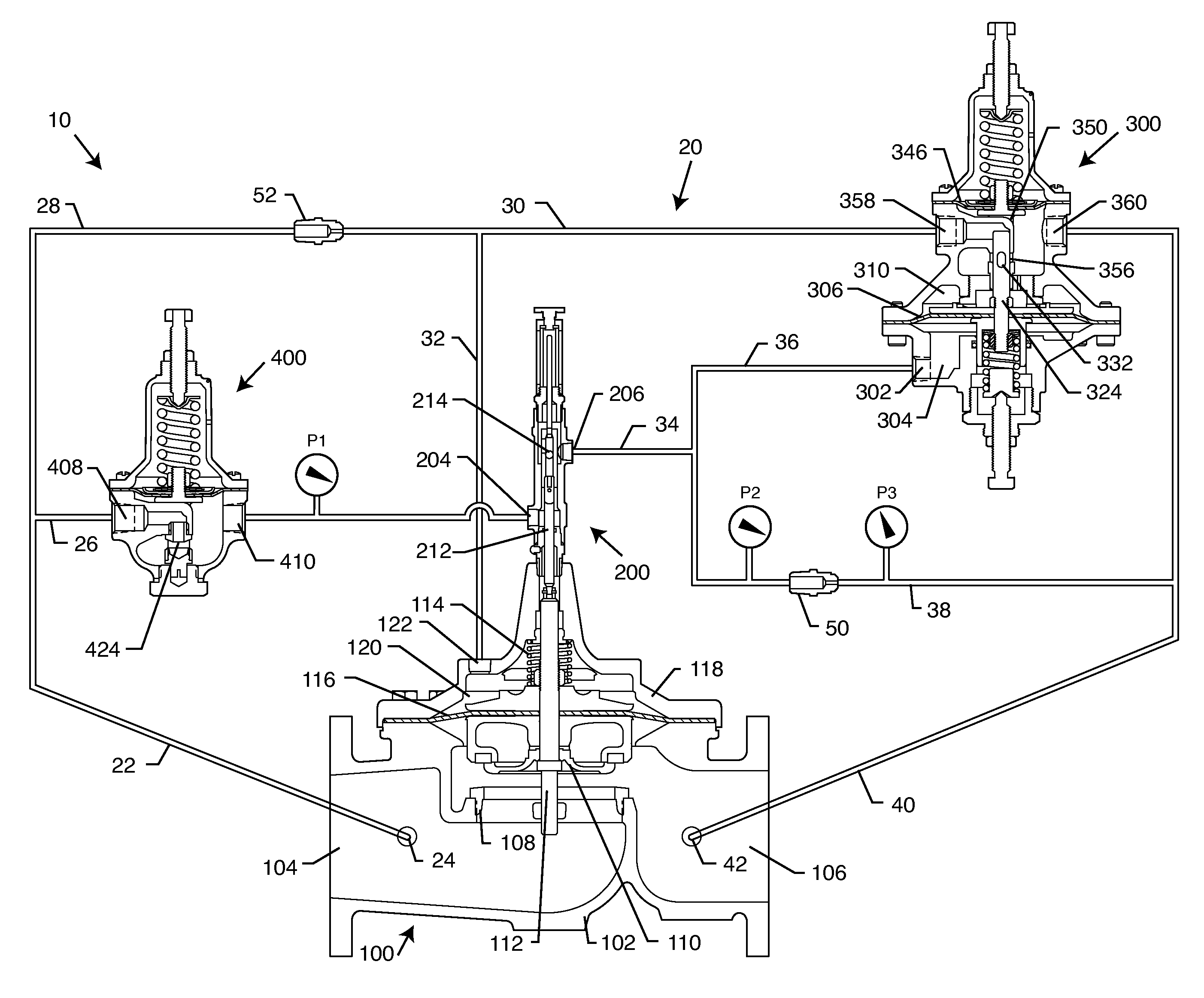 System and method for hydraulically managing fluid pressure downstream from a main valve between set points