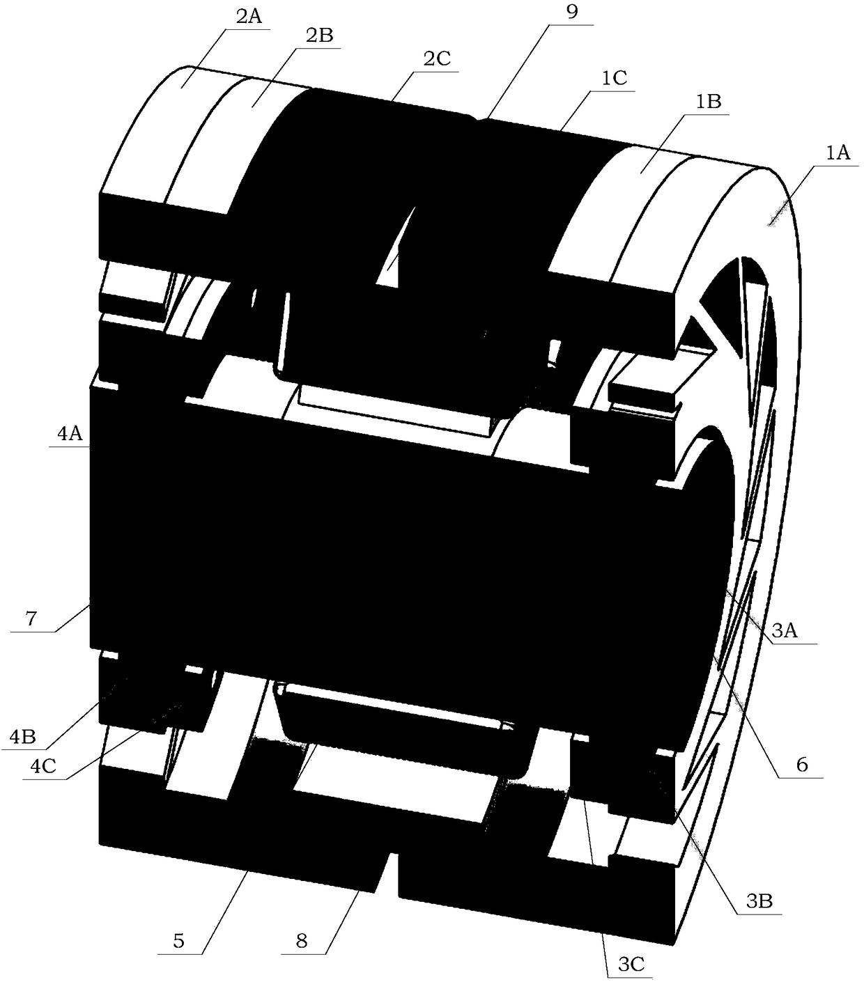 Orthogonal magnetic circuit radial magnetic suspension bearing based on symmetric self-lubricating flexible auxiliary bearing structure