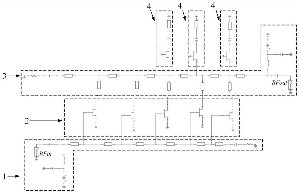 Traveling wave type cross-octave power amplifier for suppressing harmonic waves in working frequency band