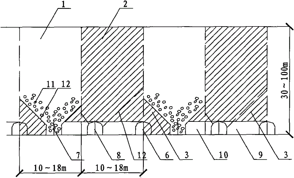 Stope bottom structure suitable for underground two-step mining and production process thereof