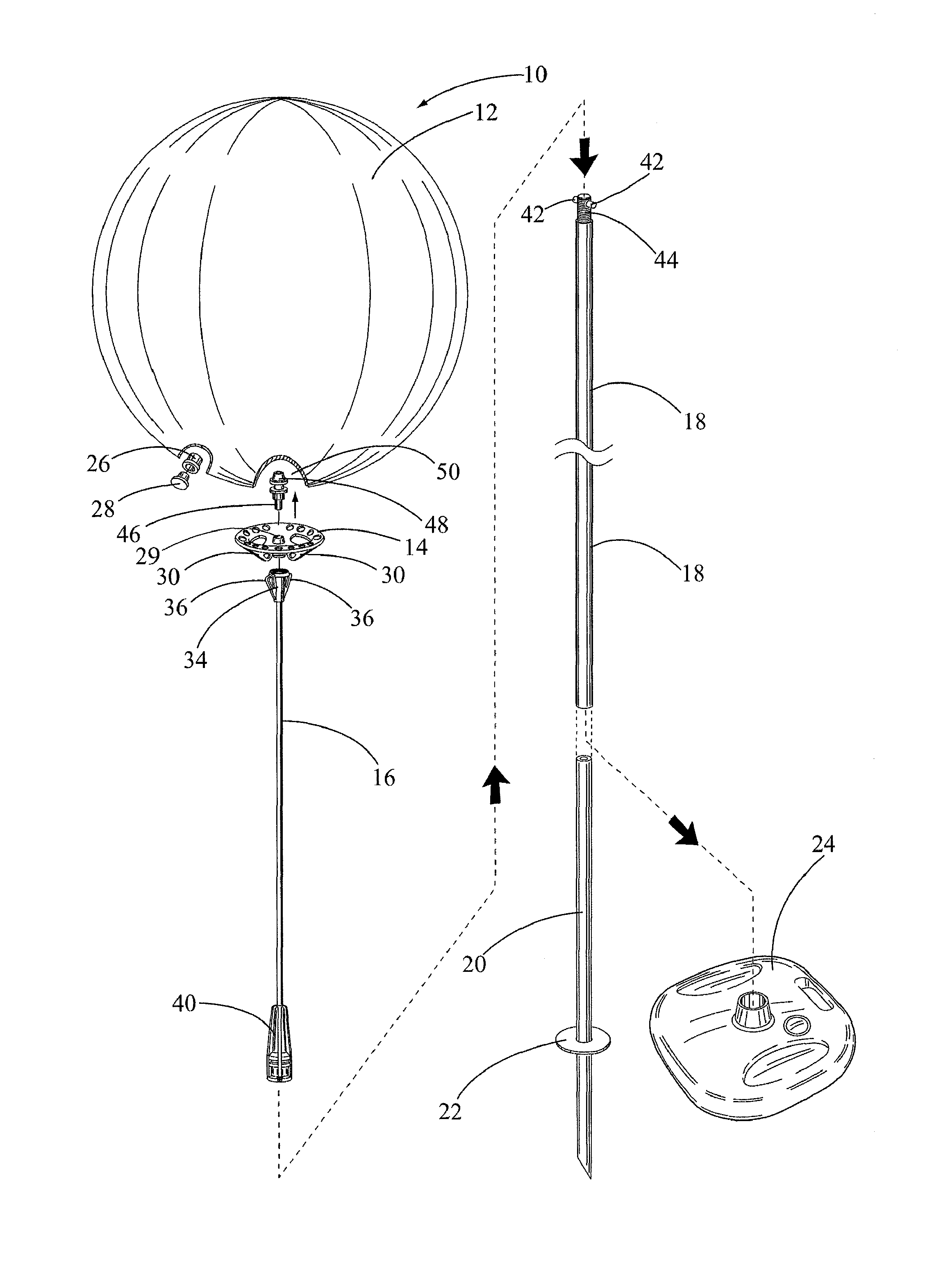 Balloon display system with inflatable balloon, balloon holder cup and flexible rod with mounting pole