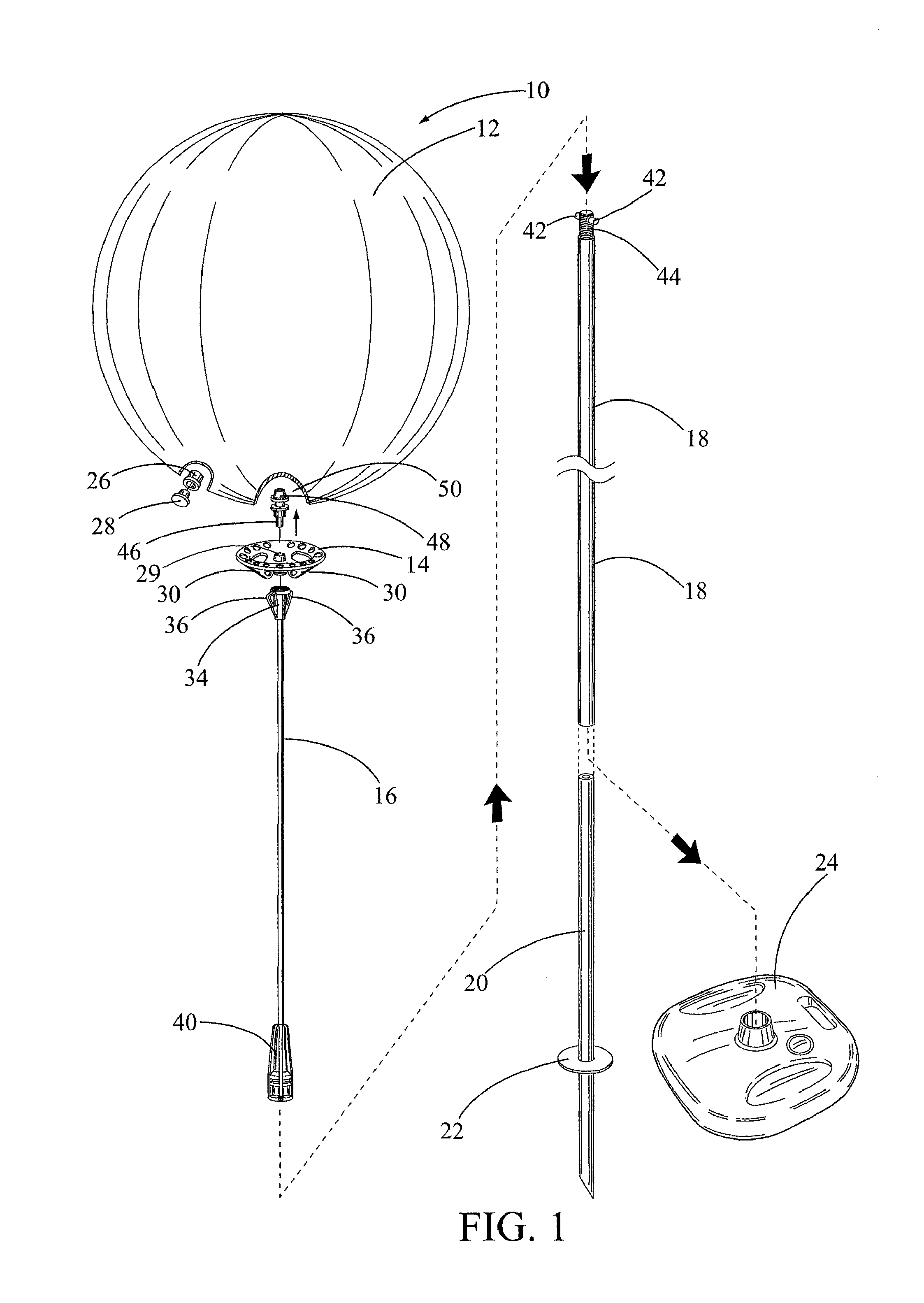 Balloon display system with inflatable balloon, balloon holder cup and flexible rod with mounting pole
