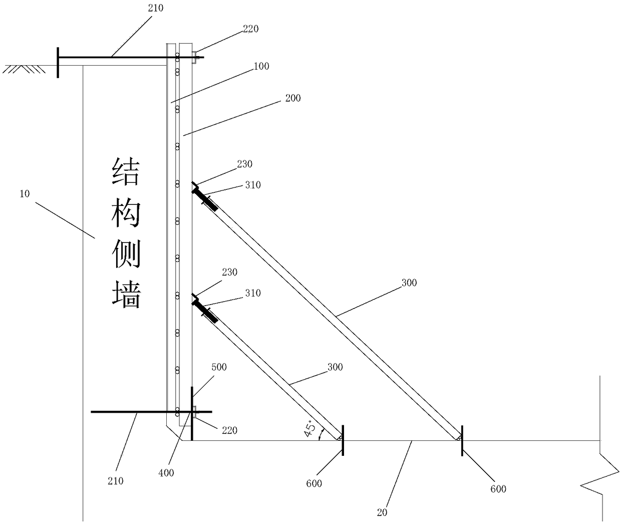 Single-sided erecting-formwork oblique throwing support device adopting flower basket screws and construction method for single-sided erecting-formwork oblique throwing support device