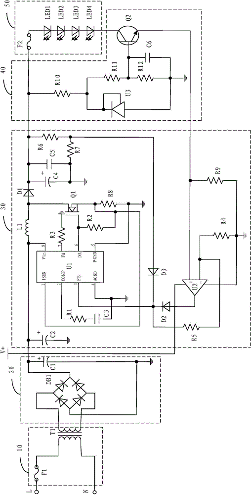 Overheating protection circuit, LED (light-emitting diode) drive circuit and lamp