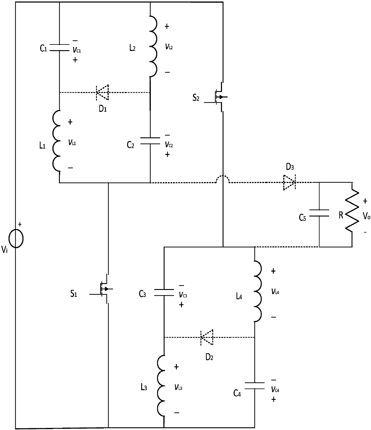 High-gain direct current voltage converter with controllable output capacity