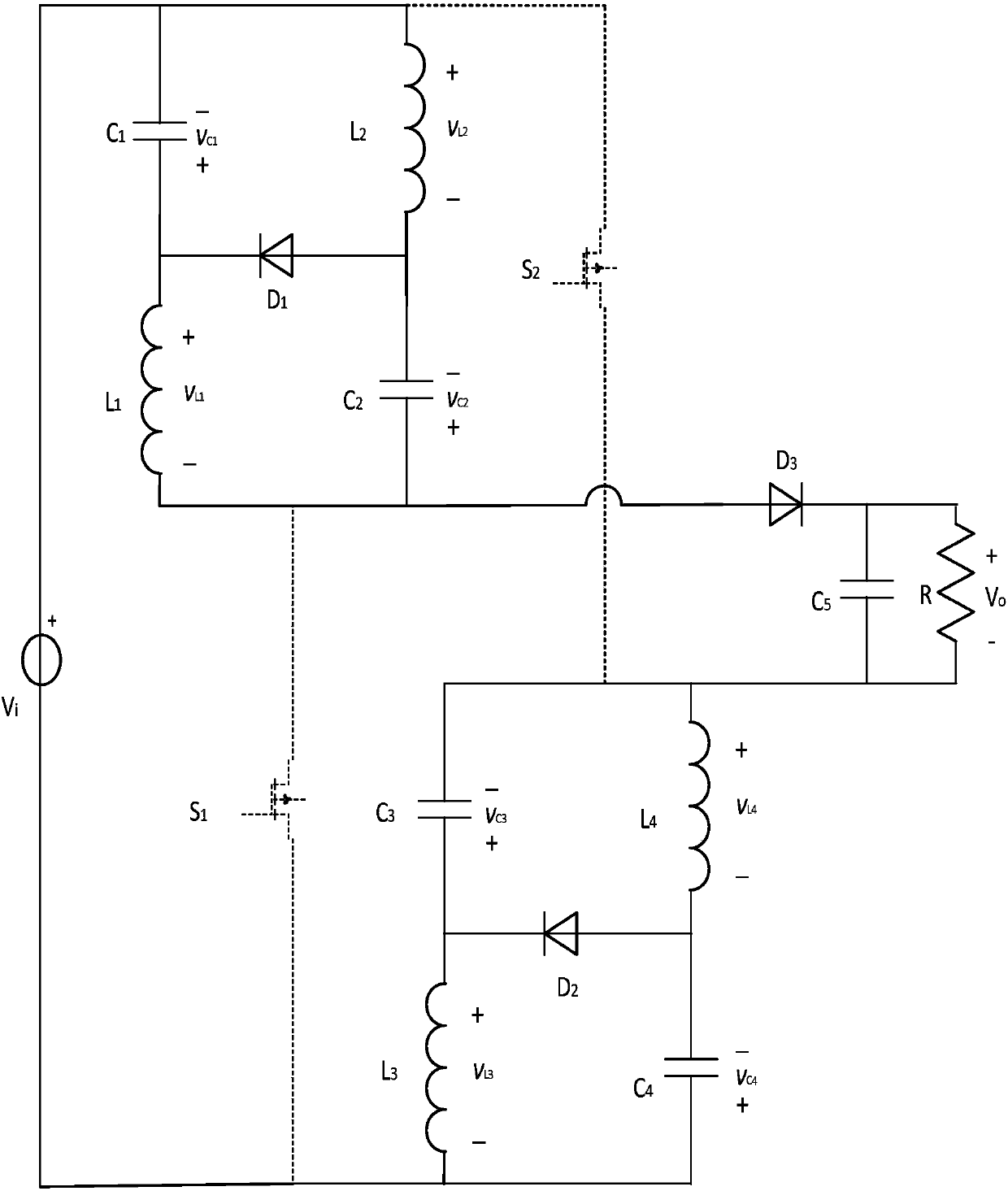 High-gain direct current voltage converter with controllable output capacity