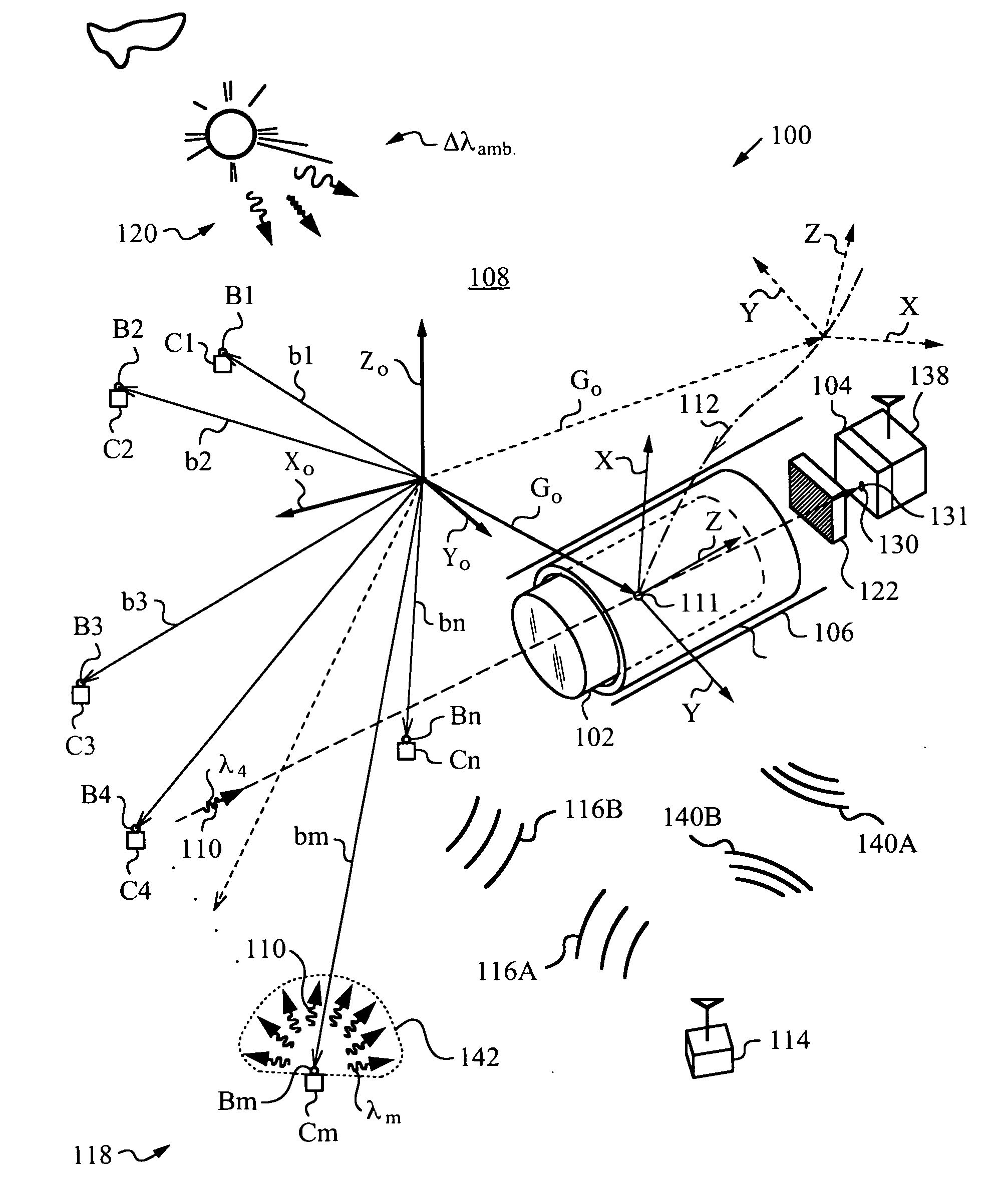 Optical navigation apparatus using fixed beacons and a centroid sensing device